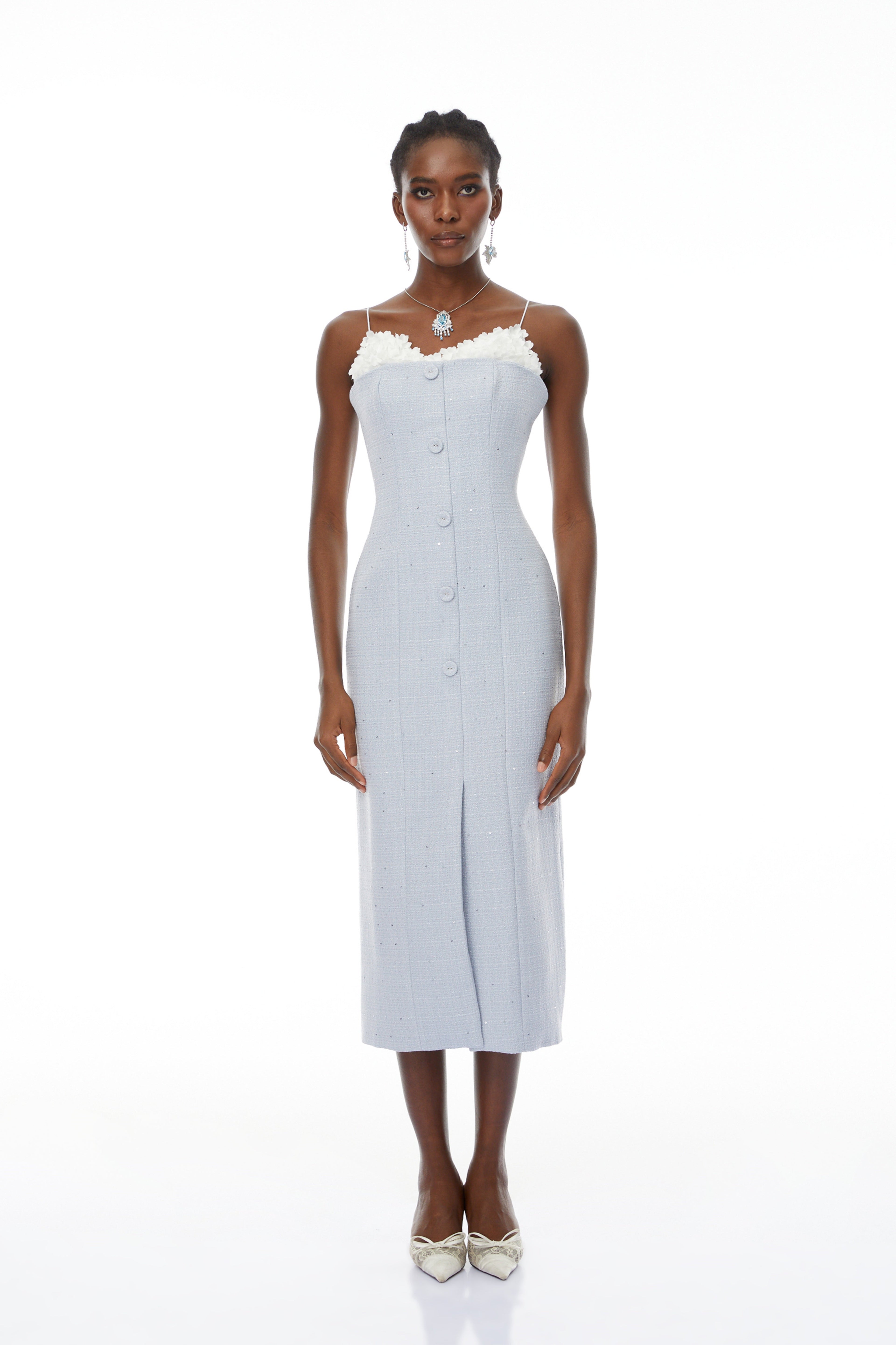 Célia Blue Tweed Midi Dress with Petal Trim