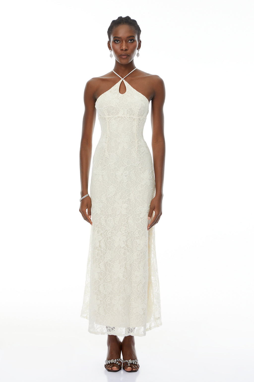 Milania White Halterneck Floral Lace Maxi Dress