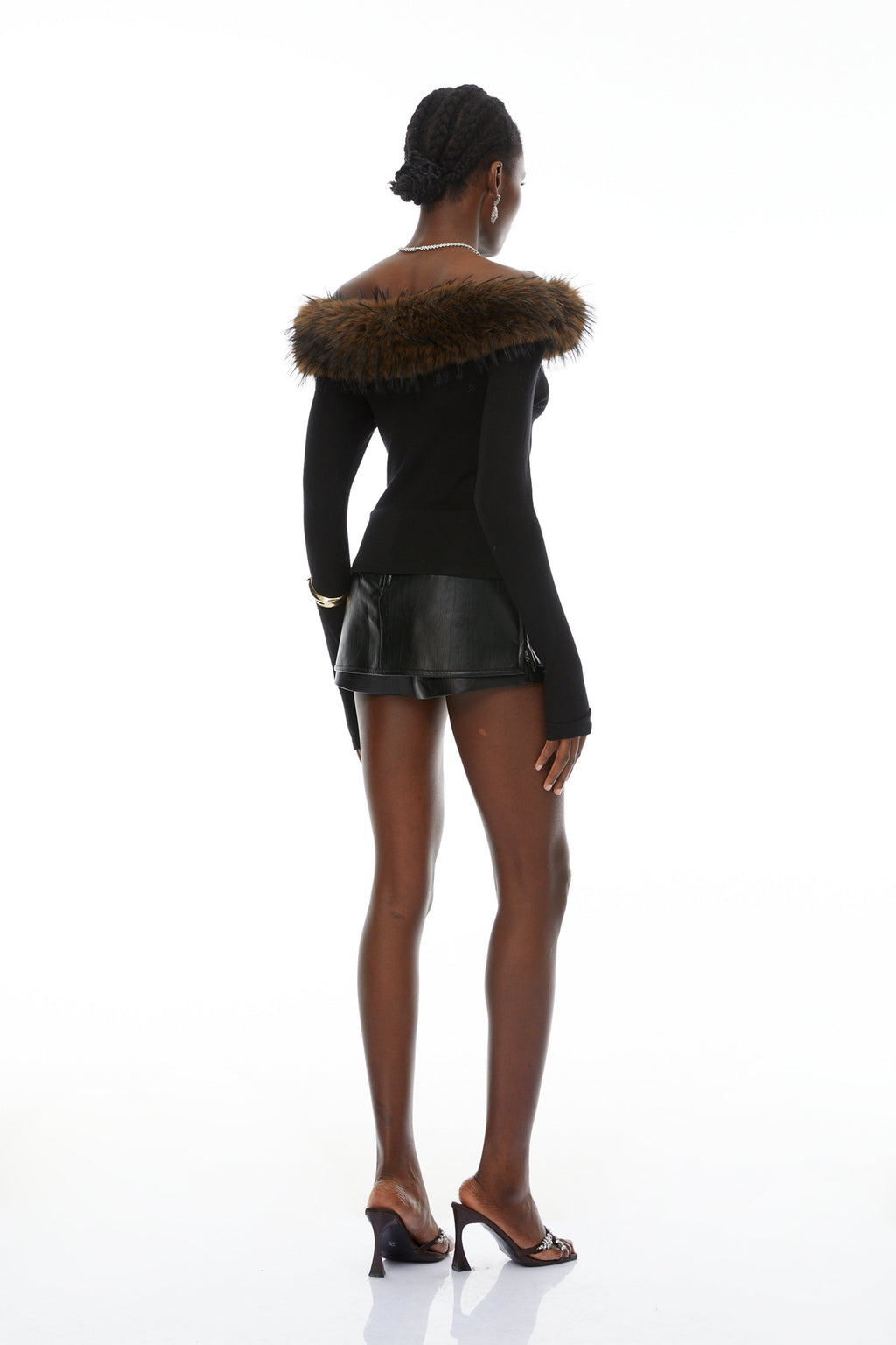 Livia Black Asymmetrical Fur Trim Blouse
