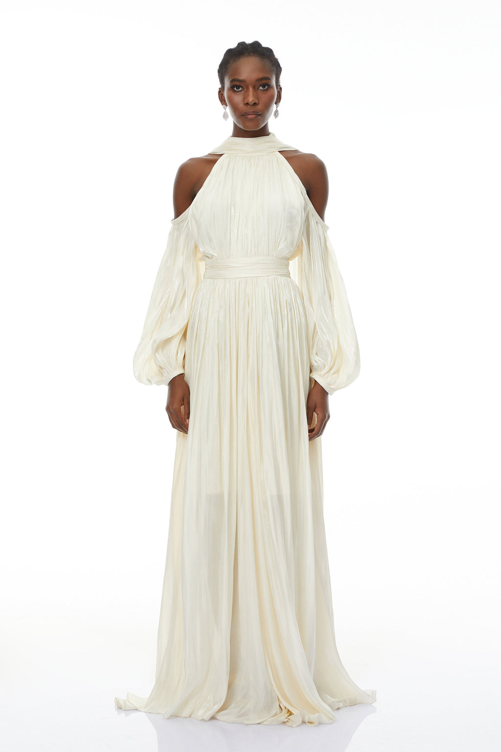 Margot White Cold Shoulder Ruched Maxi Dress