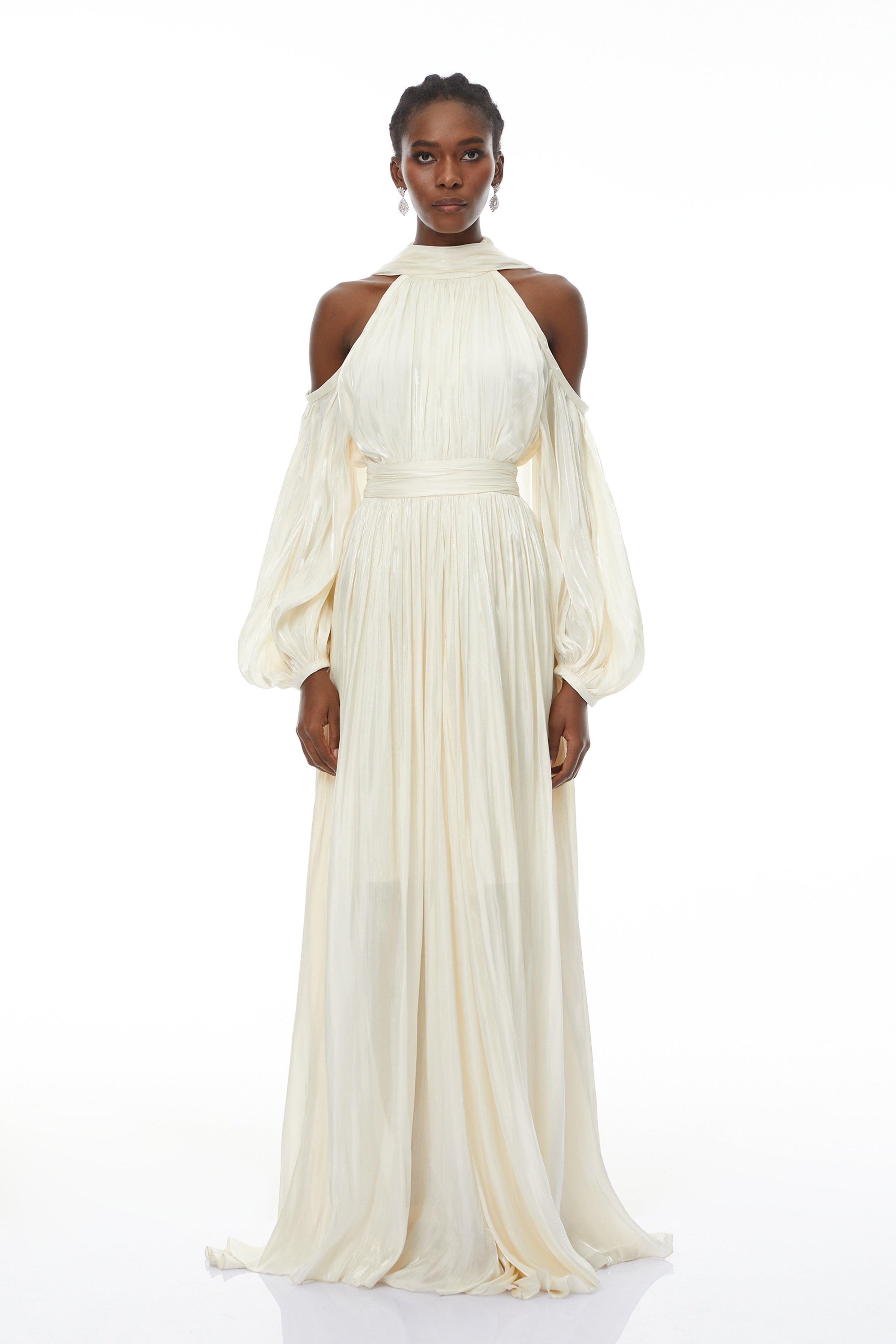 Margot White Cold Shoulder Ruched Maxi Dress