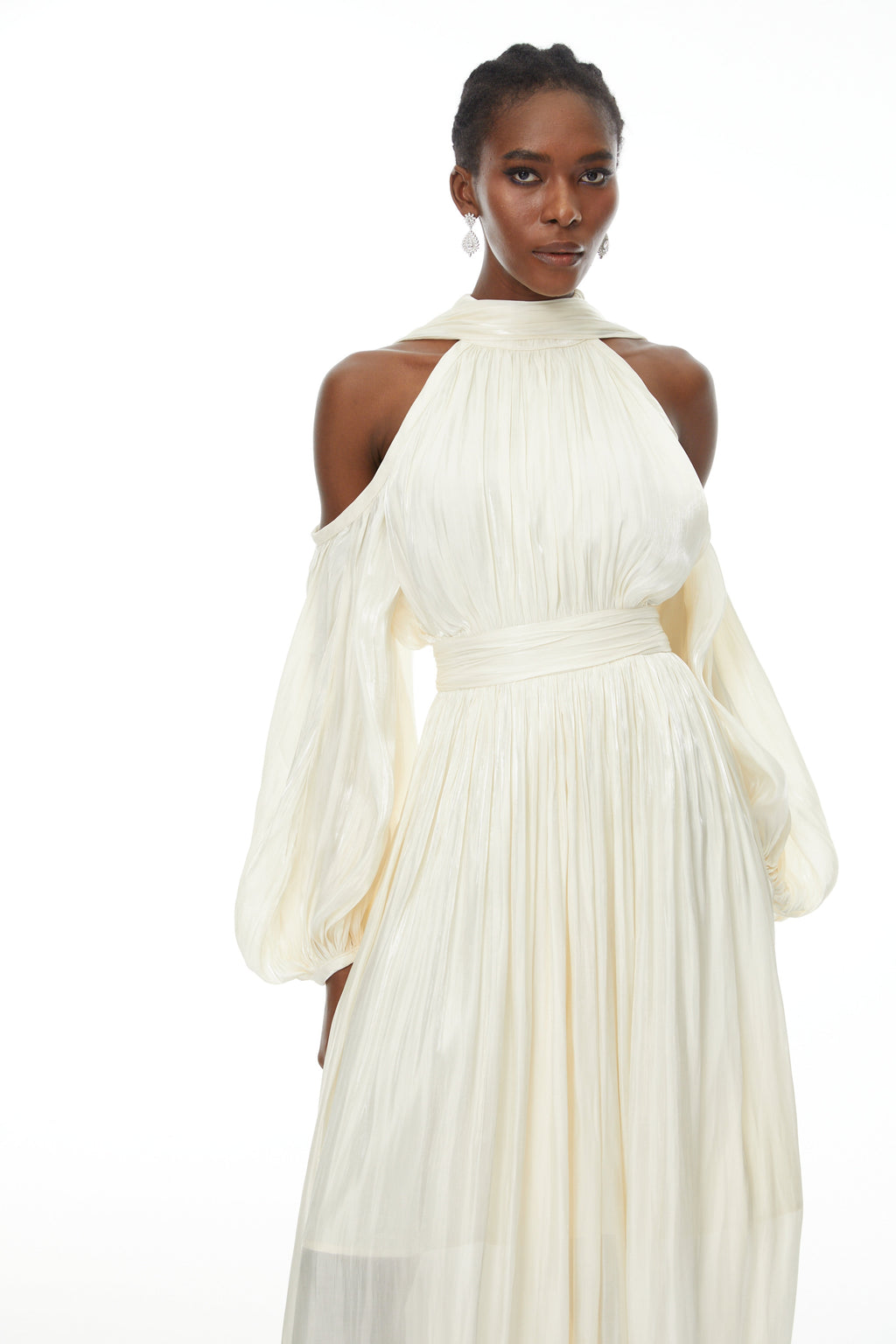 Margot White Cold Shoulder Ruched Maxi Dress