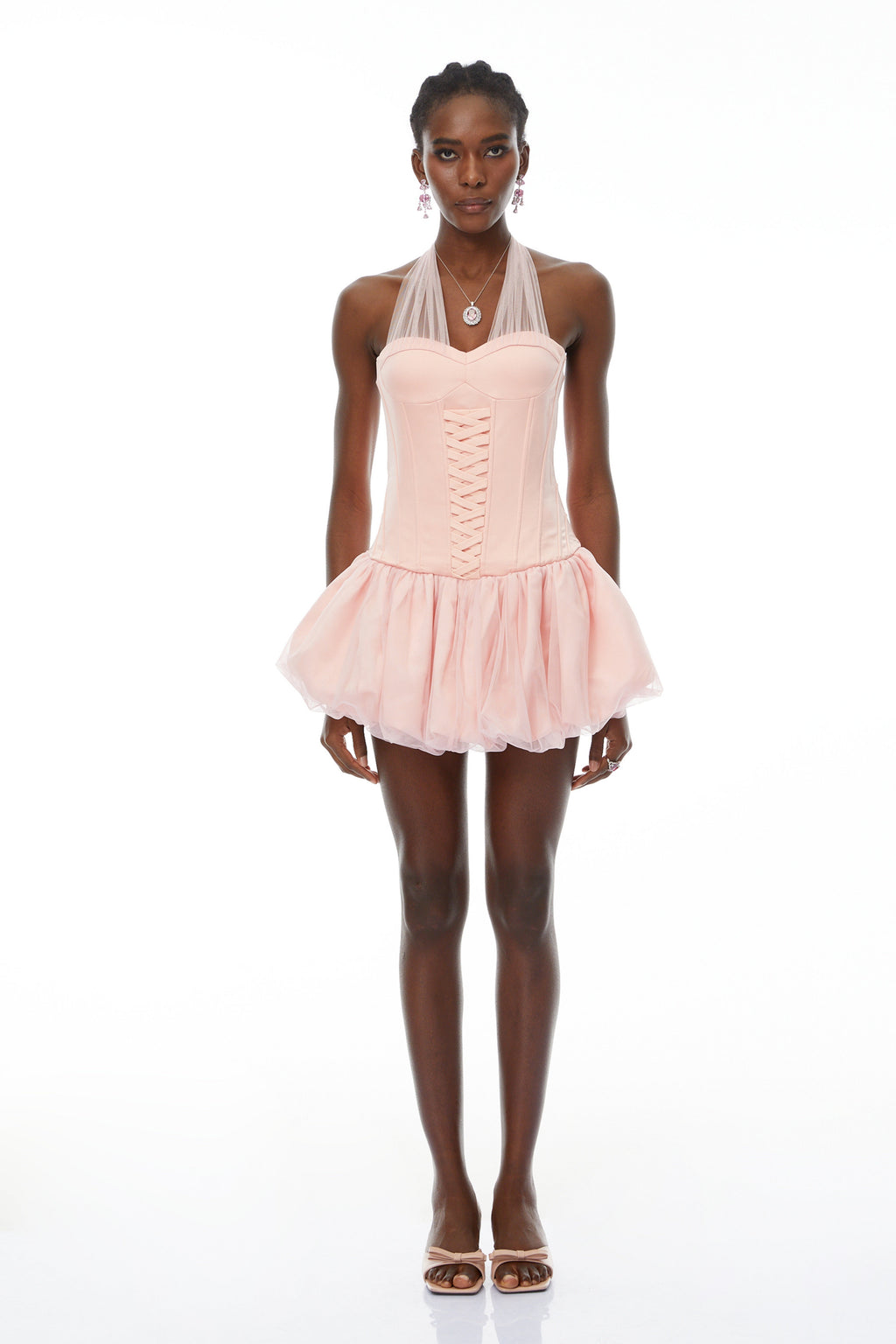 Constance Pink Halterneck Oraganza Panel Satin Mini Dress