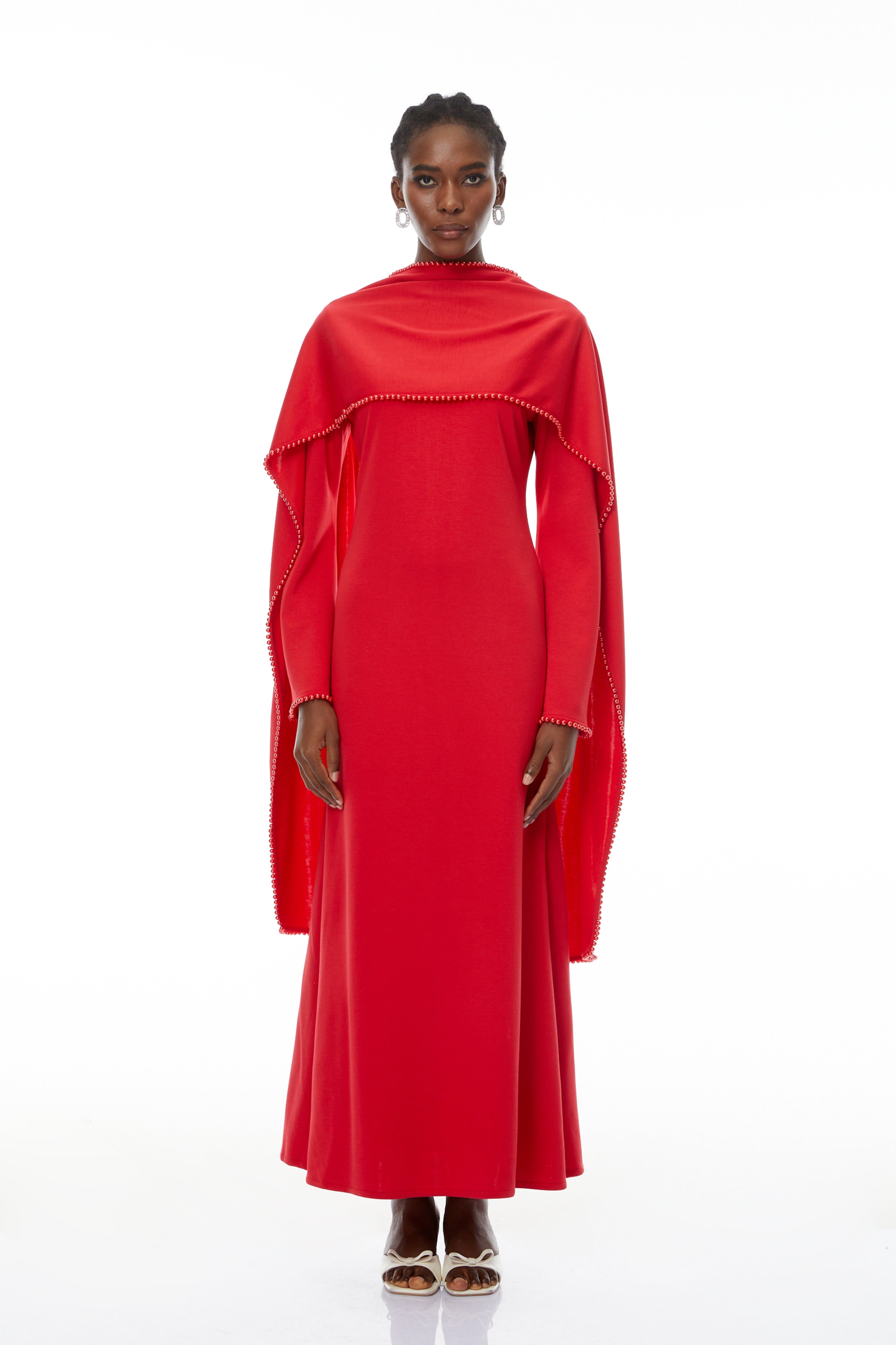 Piroska Red Pearl Trim Shawl Detail Maxi Dress