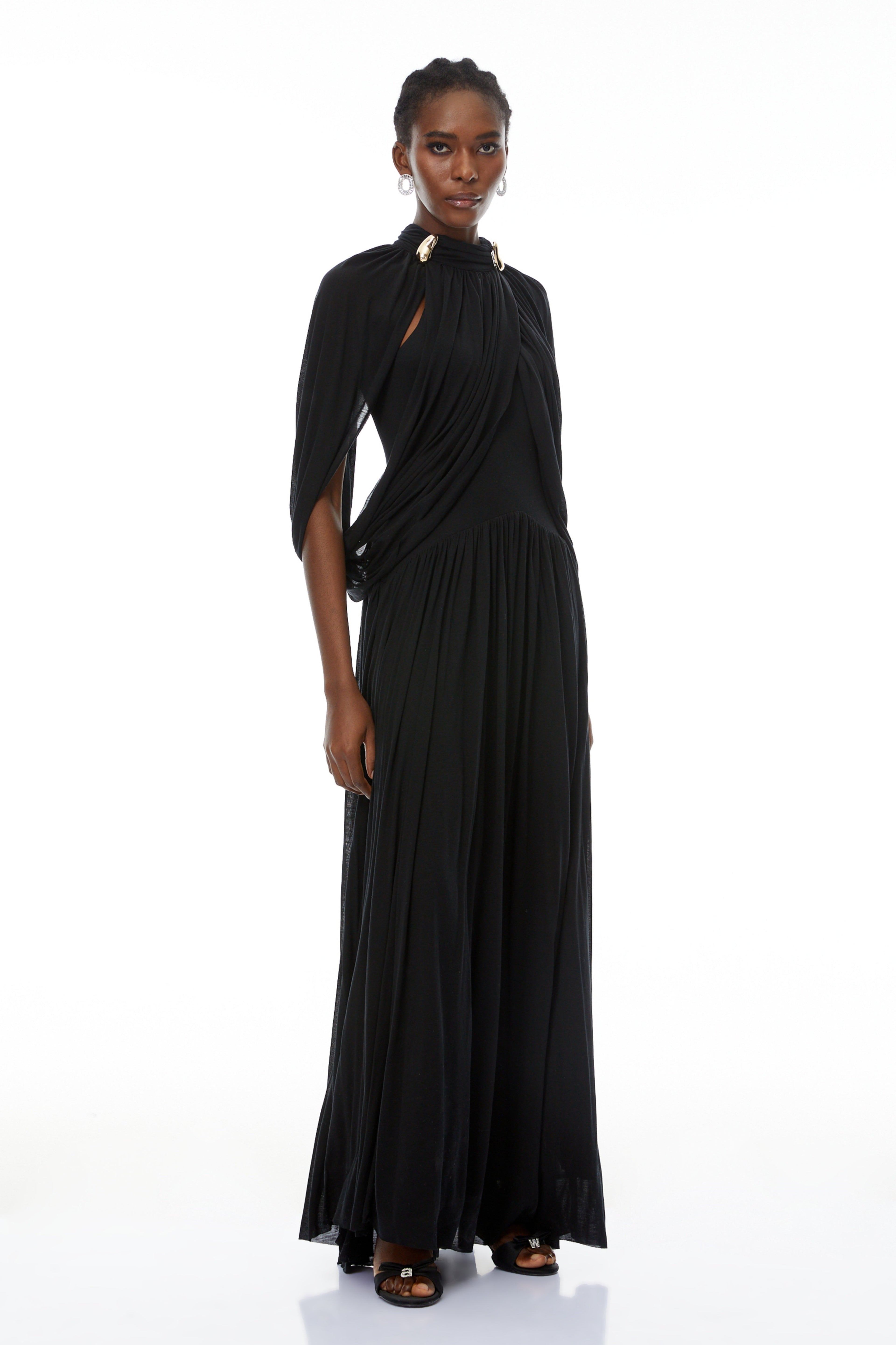 Bergljot Black Cape Design Mesh Maxi Dress