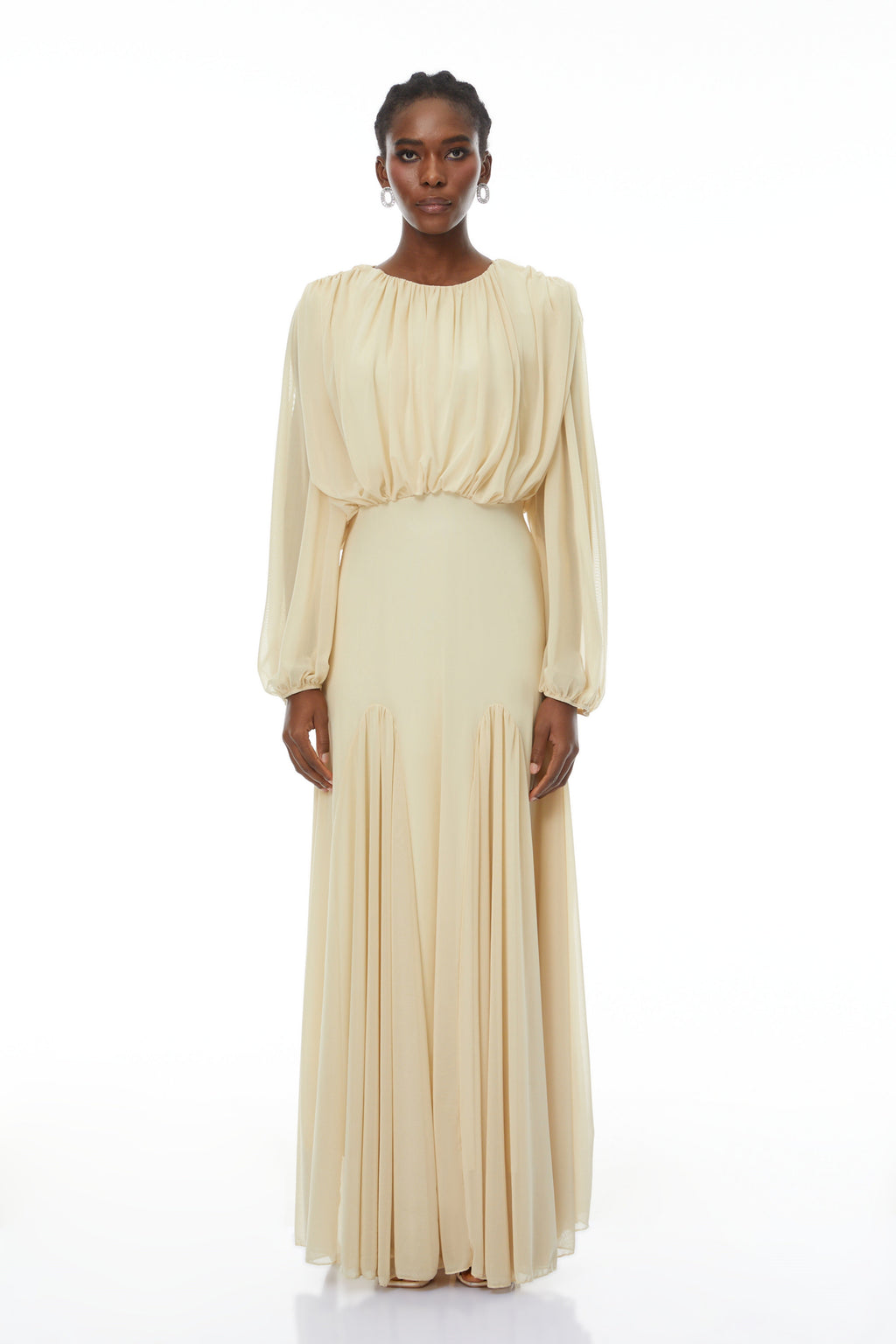 Vestido maxi largo Bridal amarillo con manga farol y pliegues, estilo elegante y fluido, para ocasiones especiales.