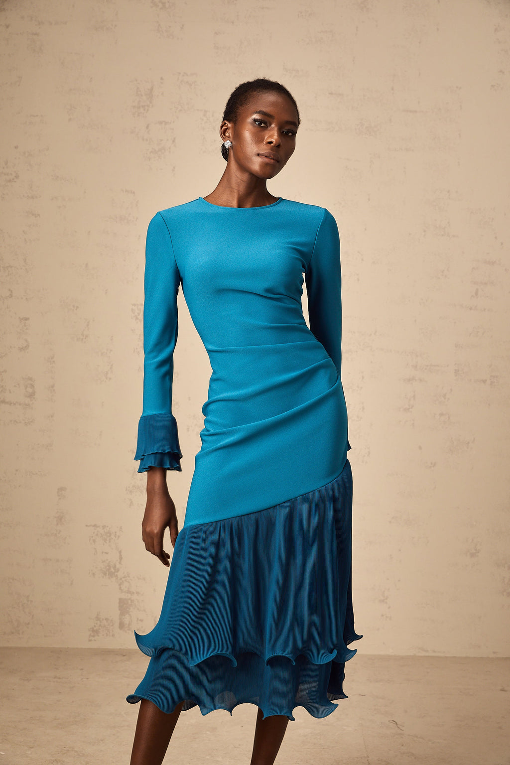 Fleurida ruffled-trim panelled midi dress in Blue (Final Sale-US Only)