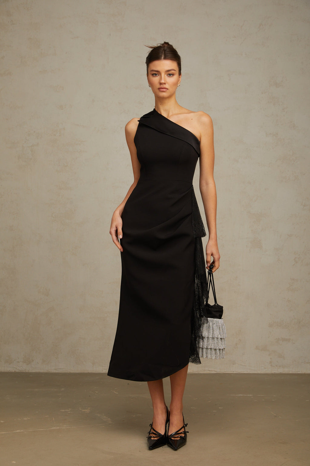 Bernadette black lace-panell asymmetrical midi dress (Final Sale-US Only)
