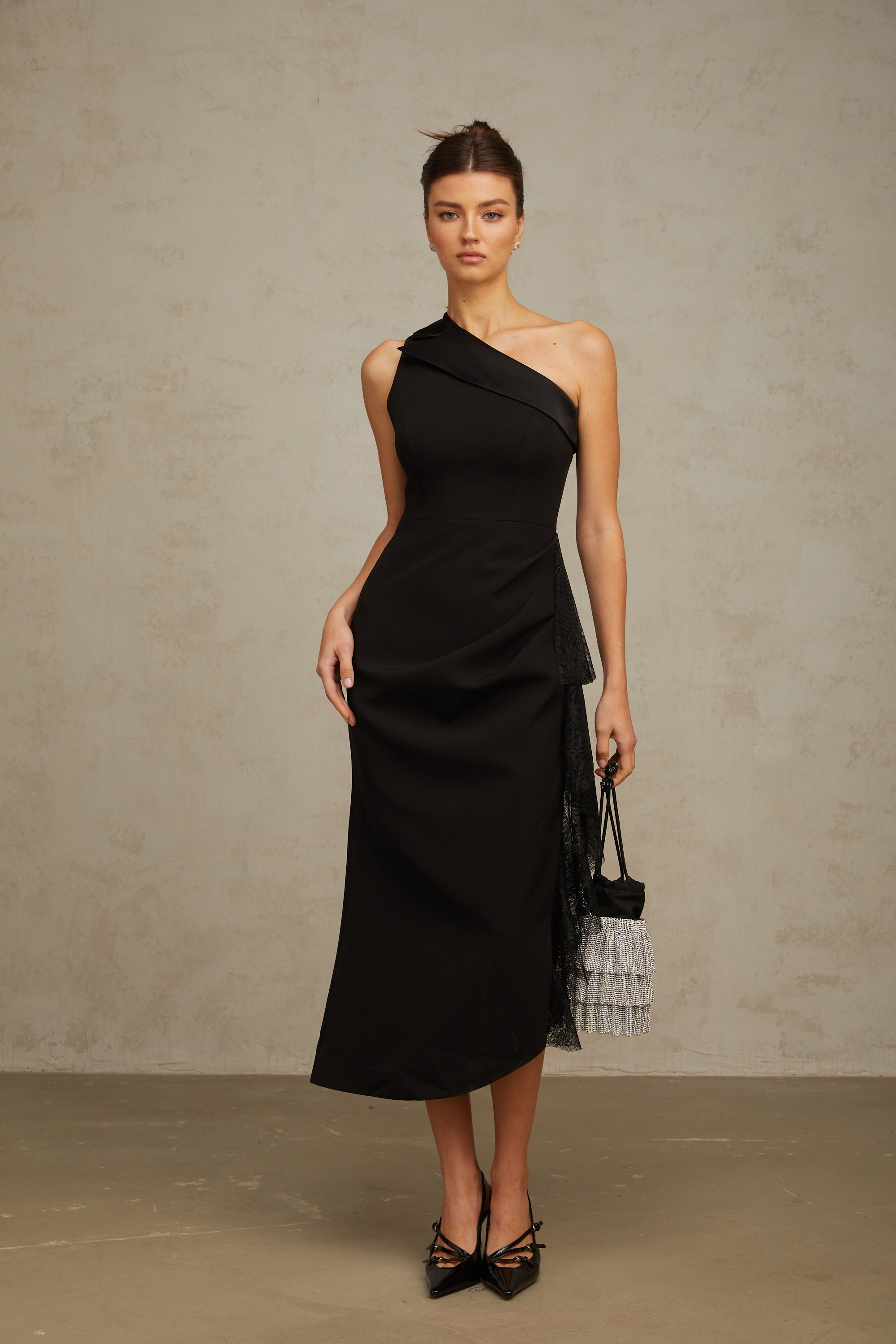 Bernadette black lace-panell asymmetrical midi dress (Final Sale-US Only)