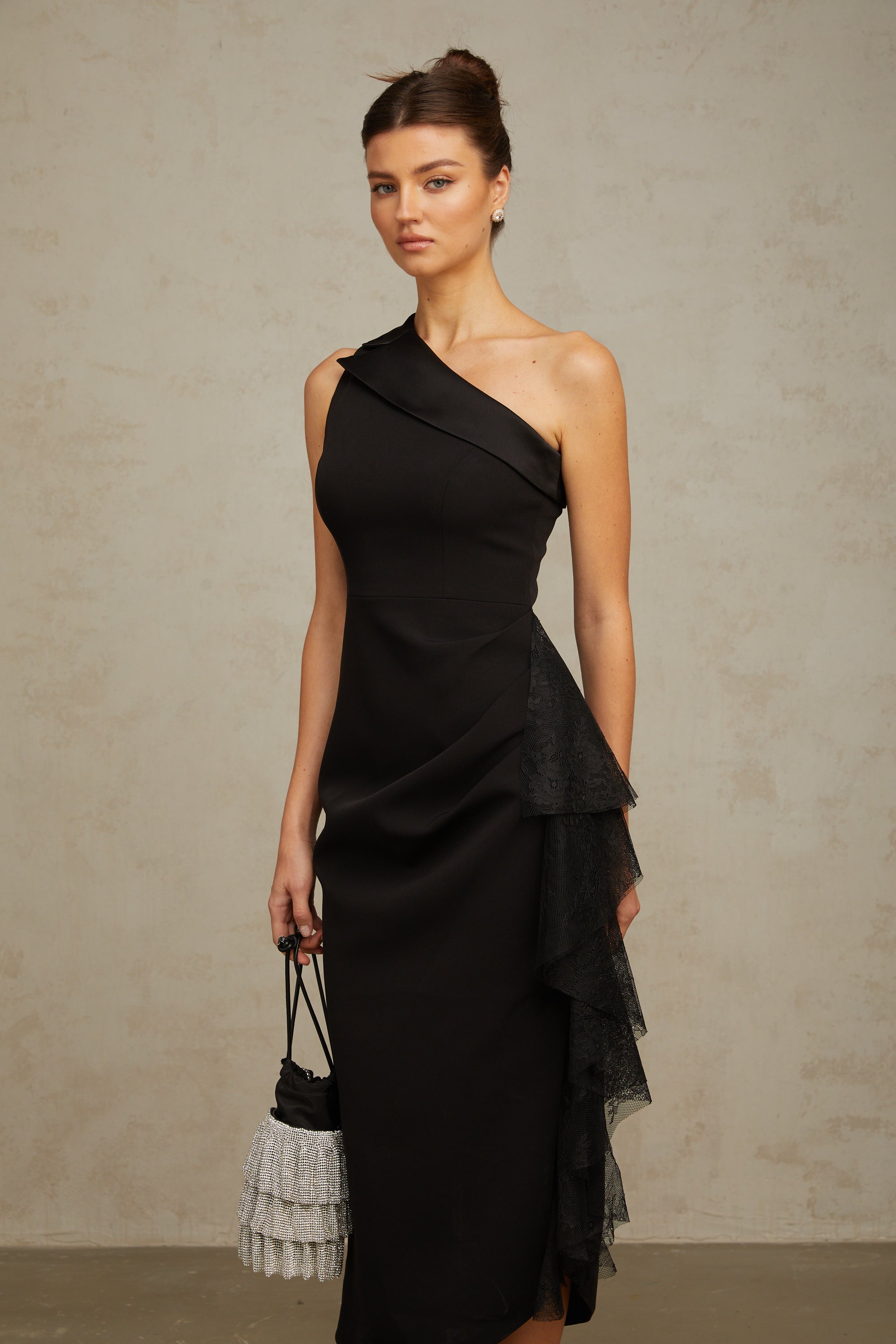 Bernadette black lace-panell asymmetrical midi dress (Final Sale-US Only)