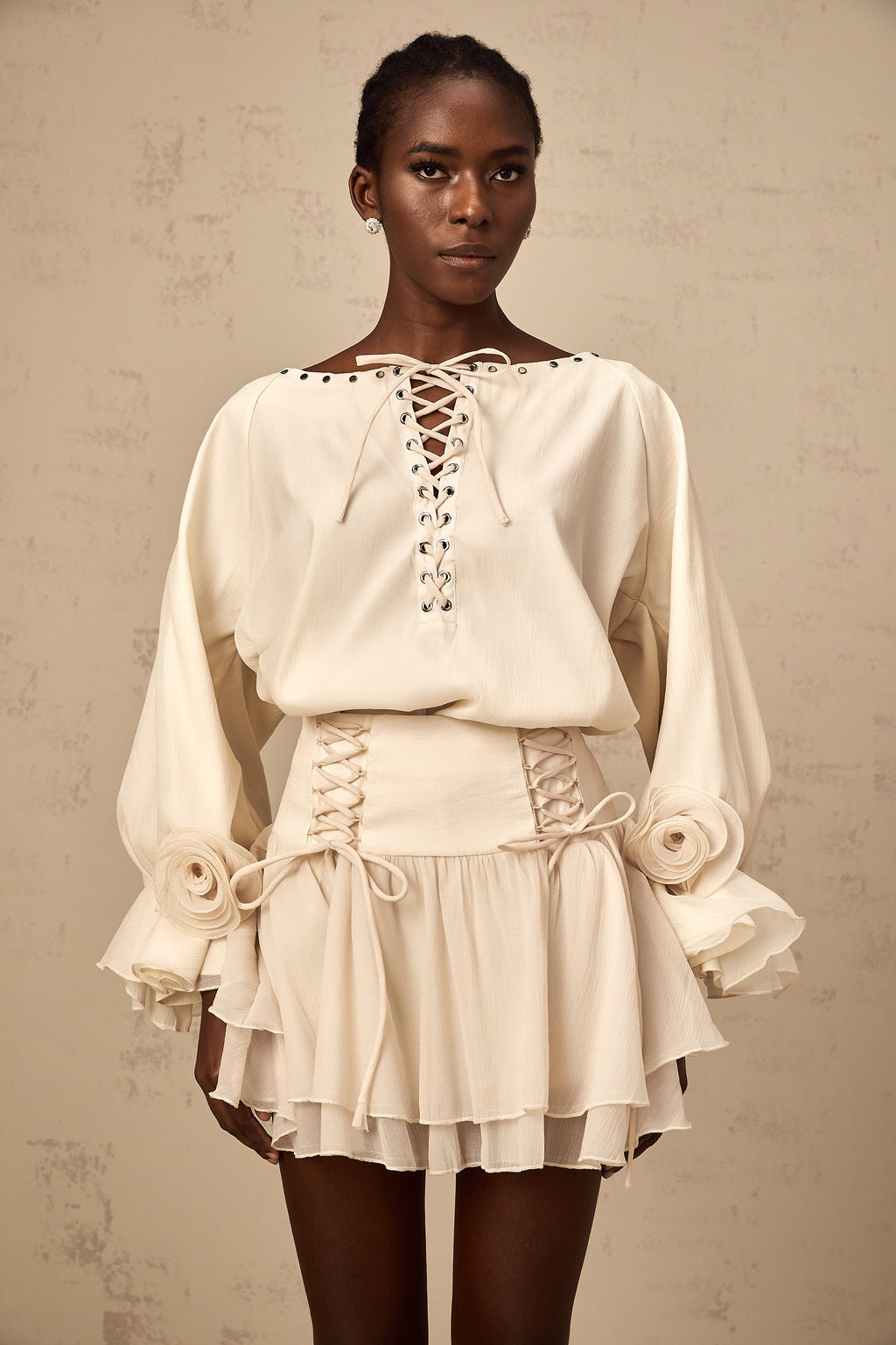Perrine self-tie ruffled blouse & skirt matching set