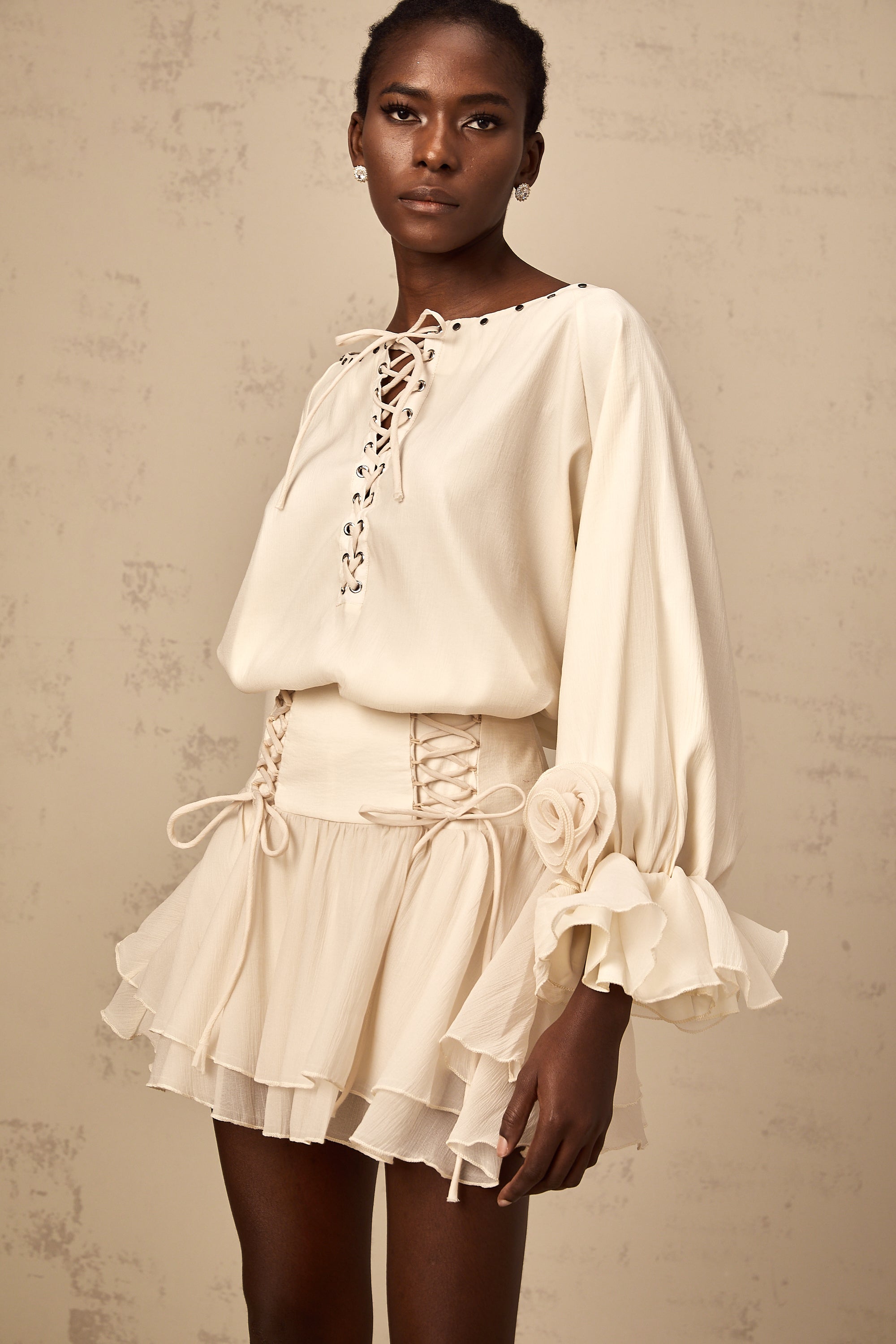 Perrine self-tie ruffled blouse & skirt matching set