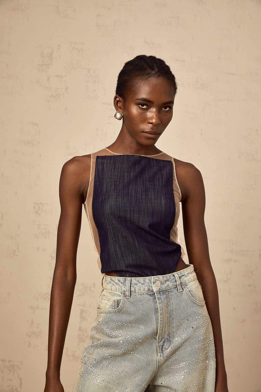 Sandrine blue denim semi-sheer bodysuit (Final Sale)