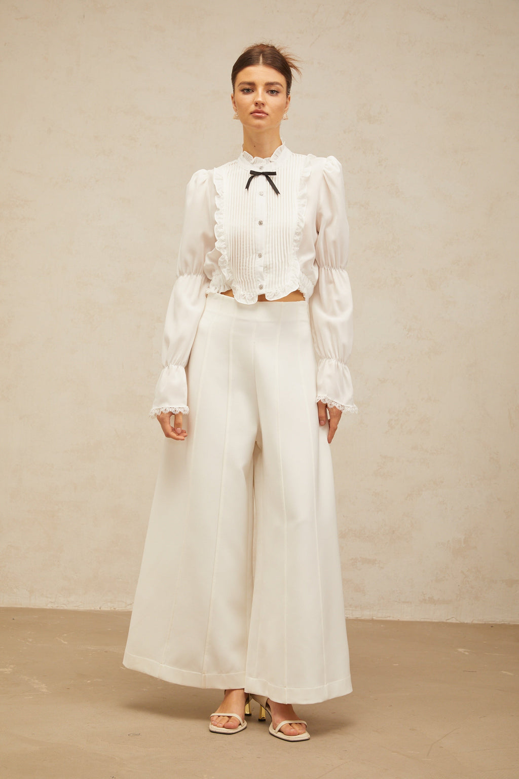 Paulette white bowknot shirred-panel ruffled shirt