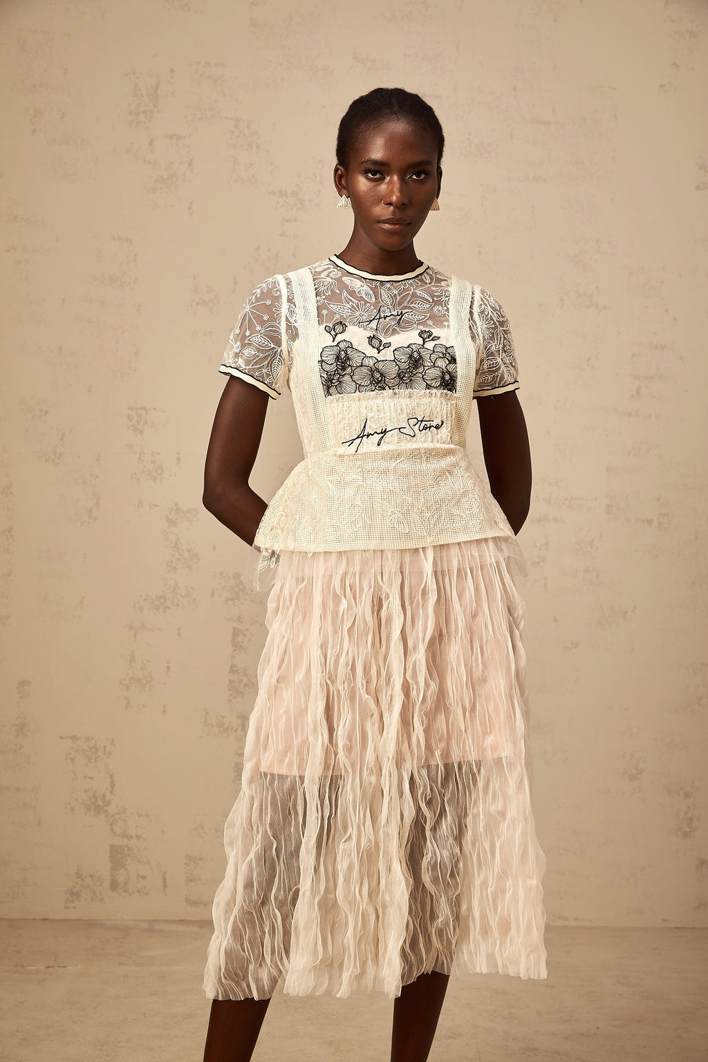 Sandrine beige embroidered tulle midi dress