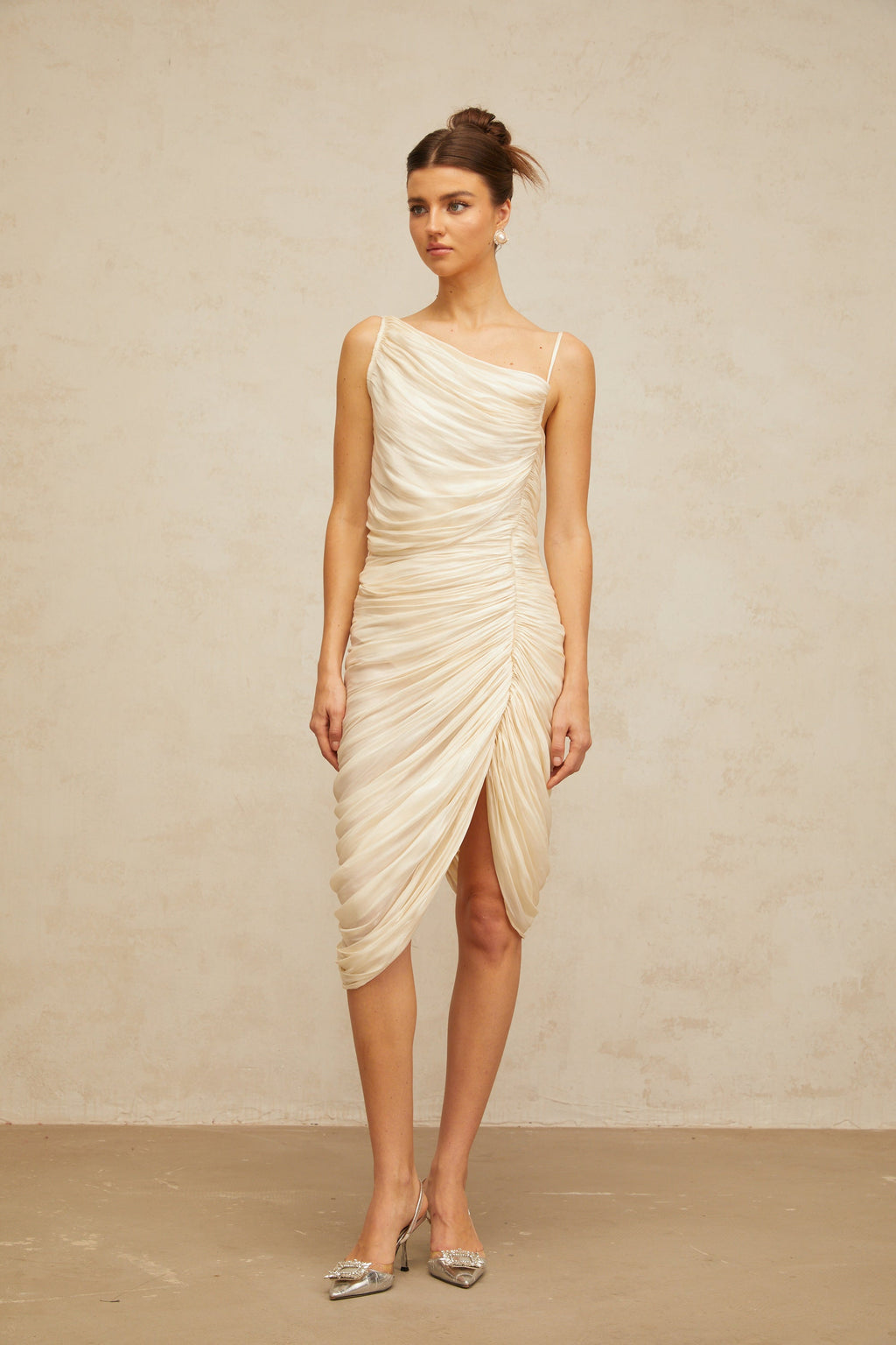 Lison glossy ruched midi dress in Light-yellow (Final Sale-US Only)