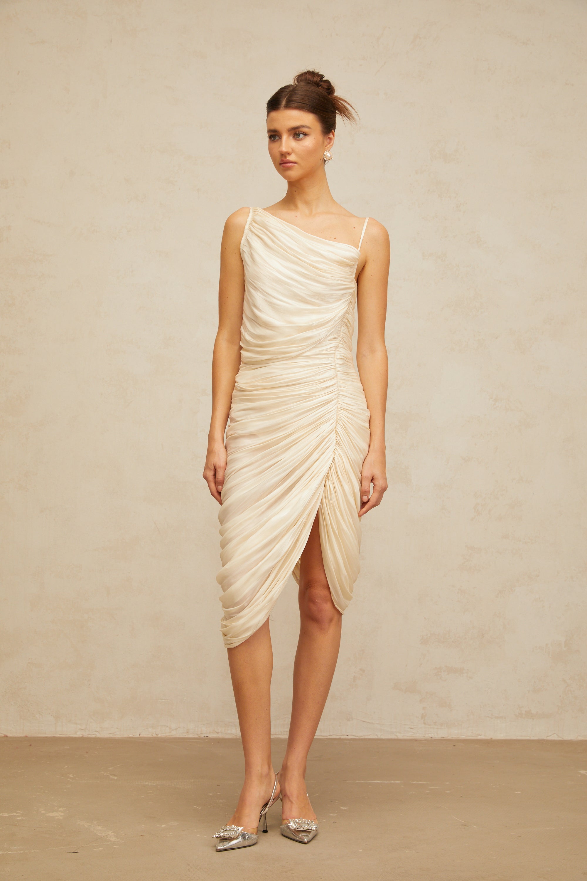 Lison glossy ruched midi dress in Light-yellow (Final Sale-US Only)