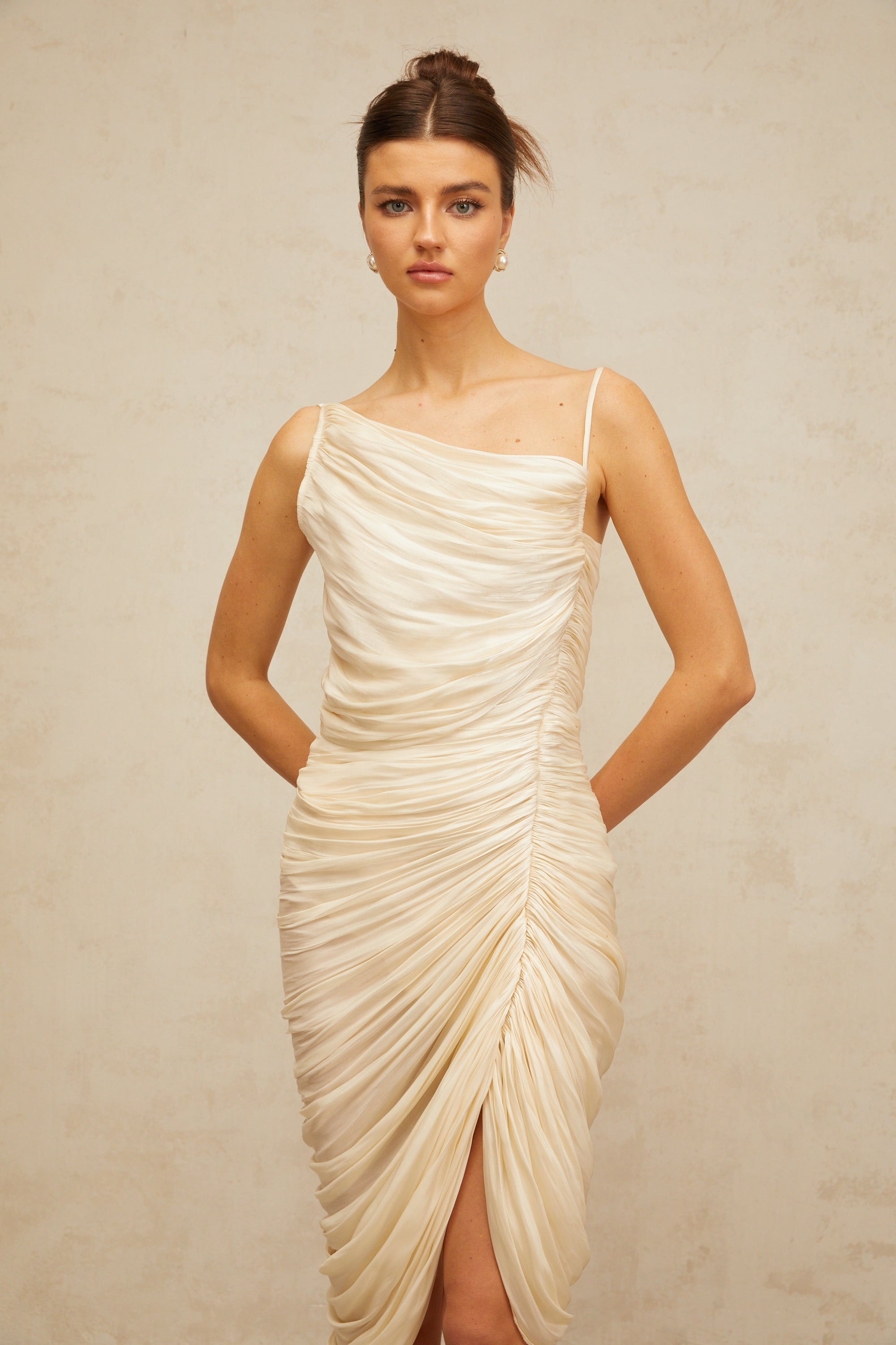 Lison glossy ruched midi dress in Light-yellow (Final Sale-US Only)