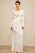 Vestido largo ajustado y fruncido Hélène en color blanco, vestido maxi de tela stretch, estilo elegante y femenino.