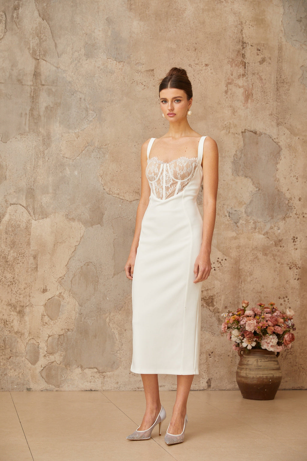 Poema white lace-panel corset midi dress  (Final Sale-US Only)