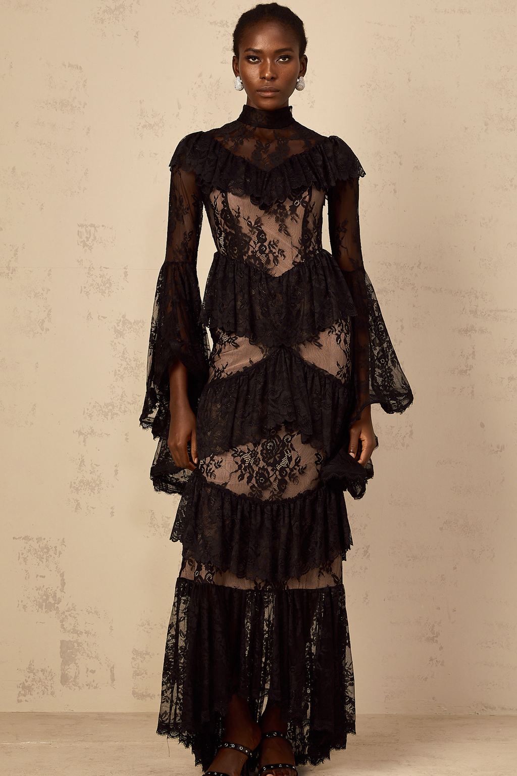 Roxane black floral-lace ruffled maxi dress (Final Sale-US Only)