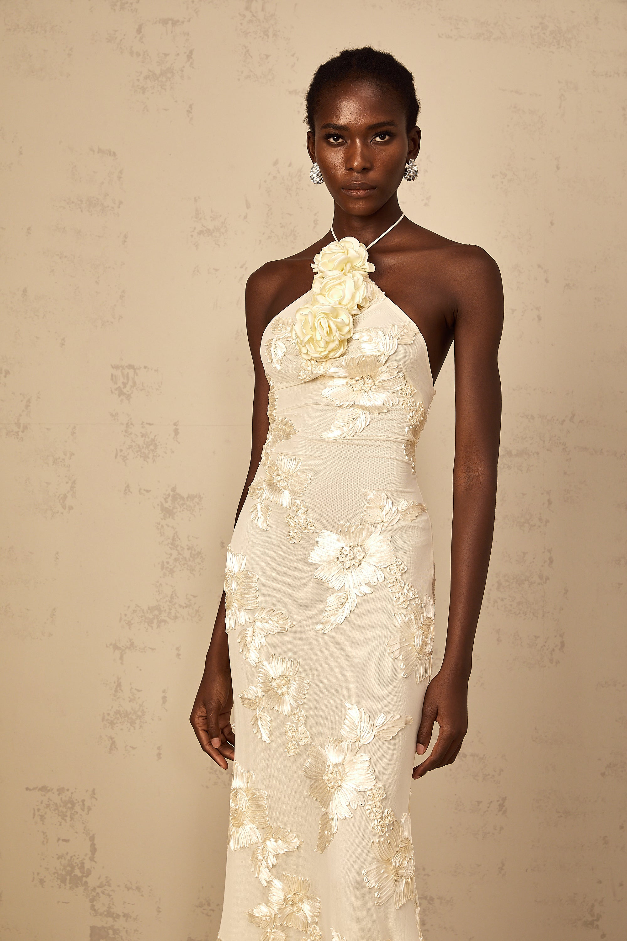 Vestido maxi halter con bordado en tonos neutros de Melanie Neutrals, vestido largo de moda y estilo elegante.