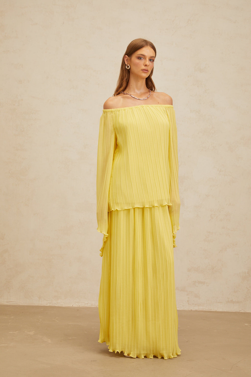Yseult Yellow Pleated Casual Blouse & Skirt Set (Final Sale-US Only)