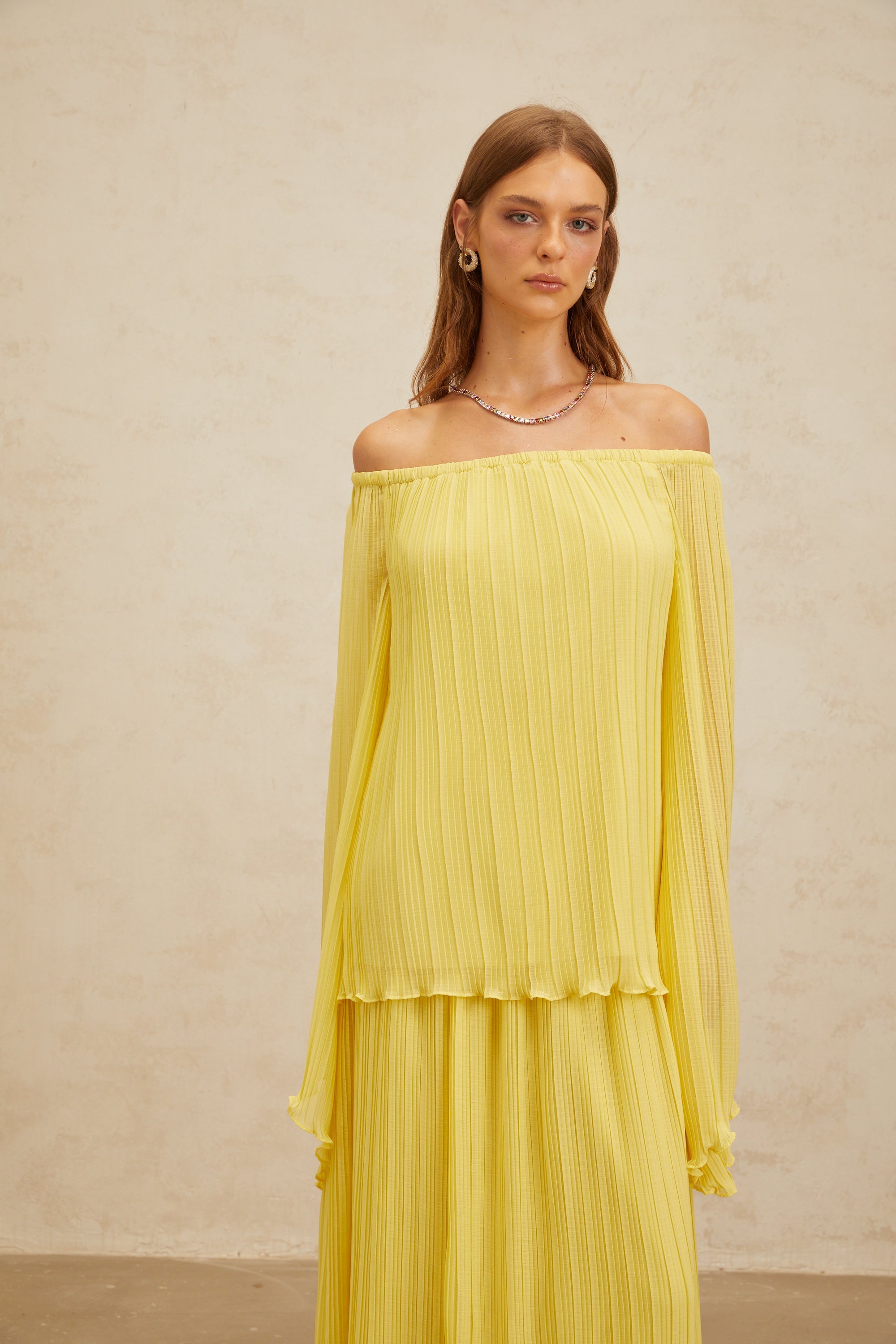 Yseult Yellow Pleated Casual Blouse & Skirt Set (Final Sale-US Only)