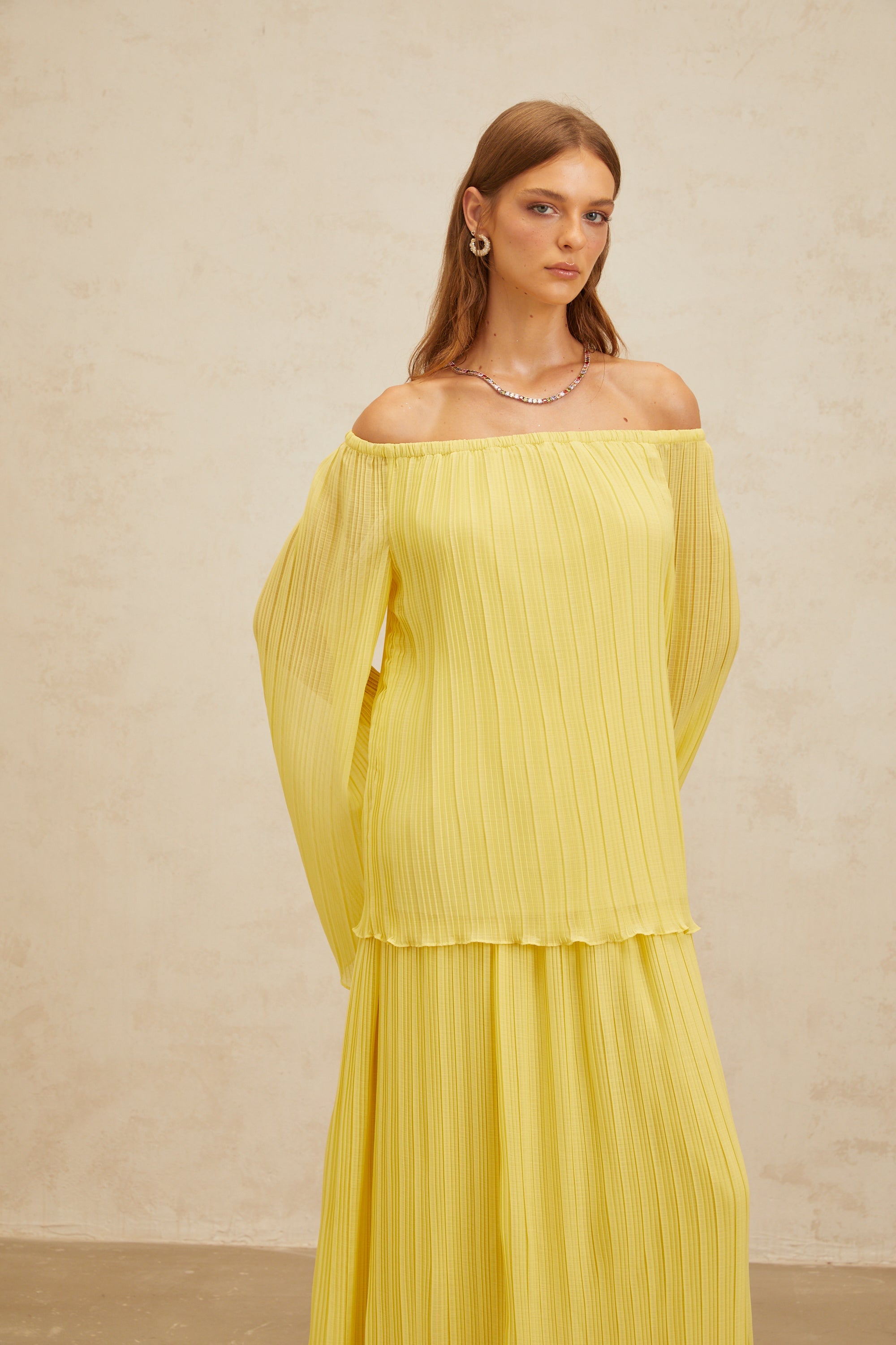 Yseult Yellow Pleated Casual Blouse & Skirt Set (Final Sale-US Only)