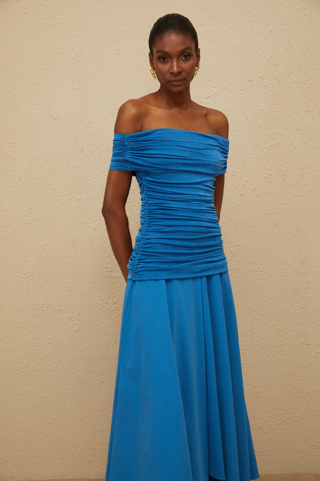 Amélie Blue Off-Shoulder Ruched Maxi Dress (Final Sale)