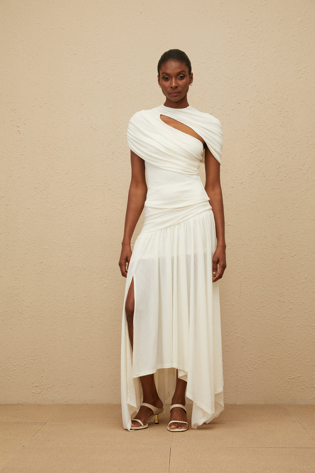 Velours White Asymmetrical Top & Skirt Set