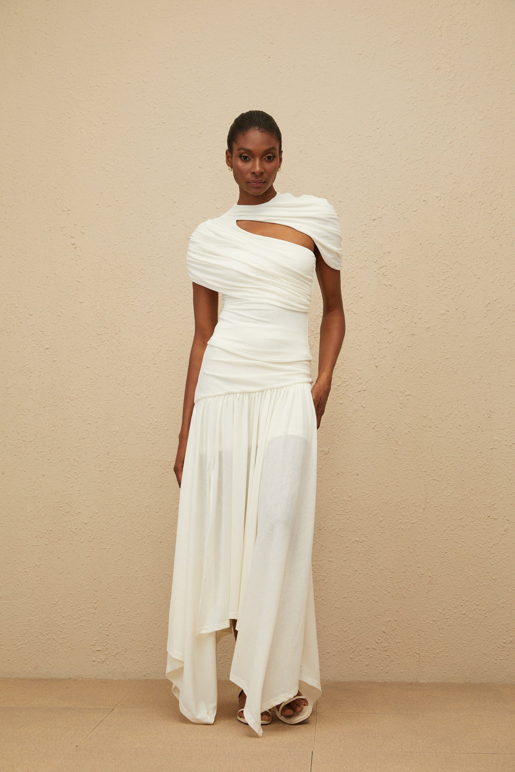 Velours White Asymmetrical Top & Skirt Set