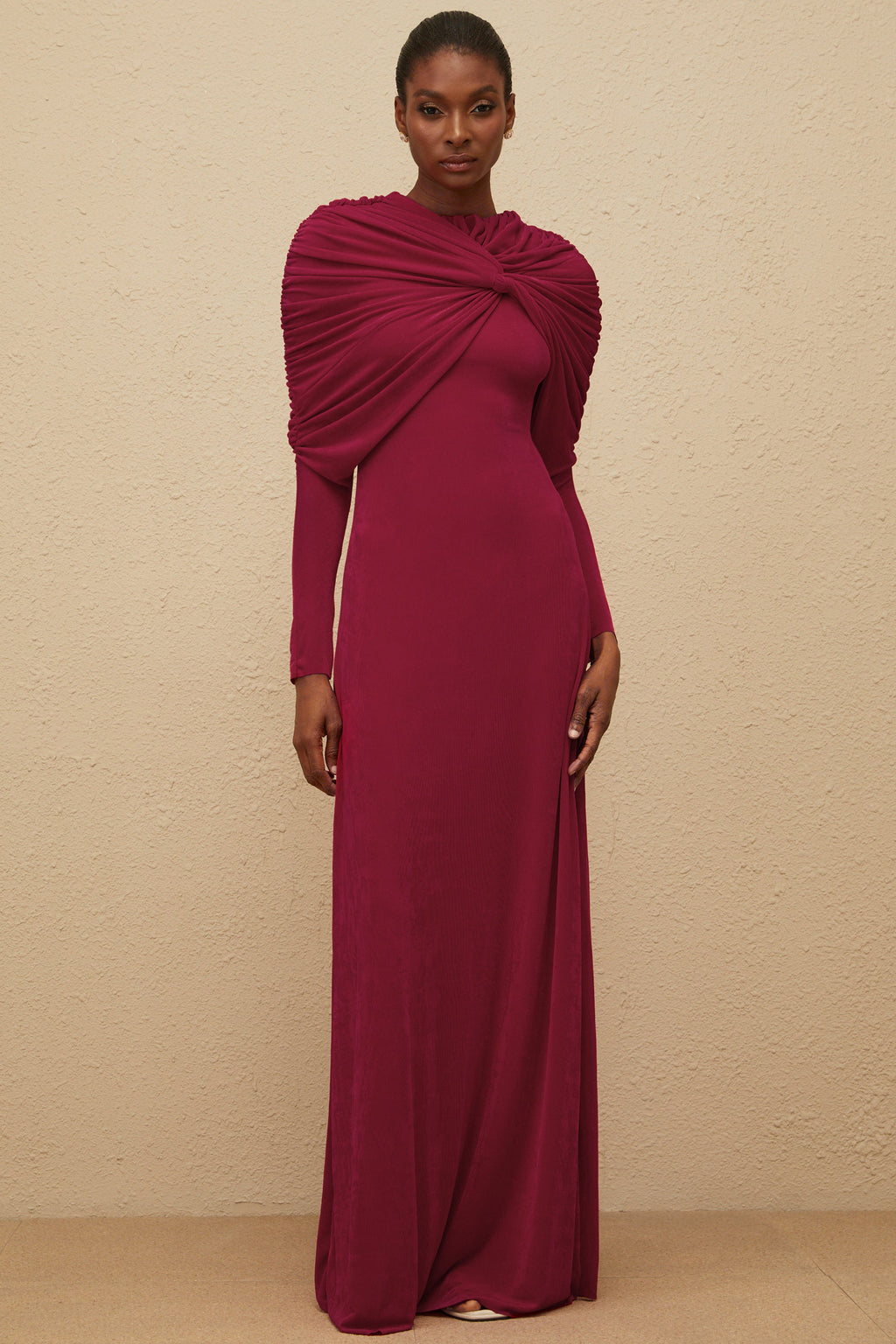 Moderne Red Cape-Design Ruched Maxi Dress (Final Sale-US Only)