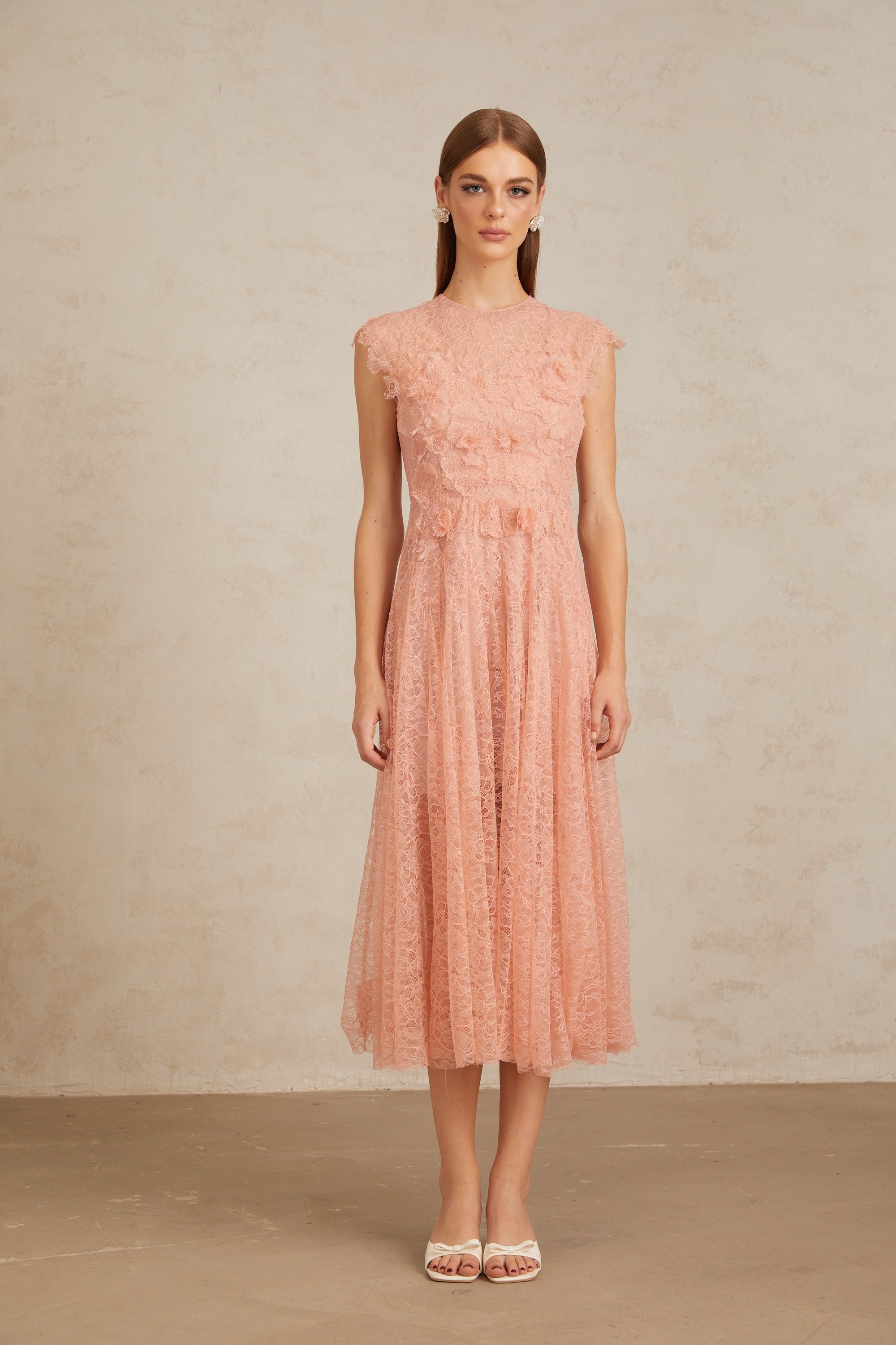 Aila Pink Shirred Guipure Lace Midi Dress (Final Sale-US Only)