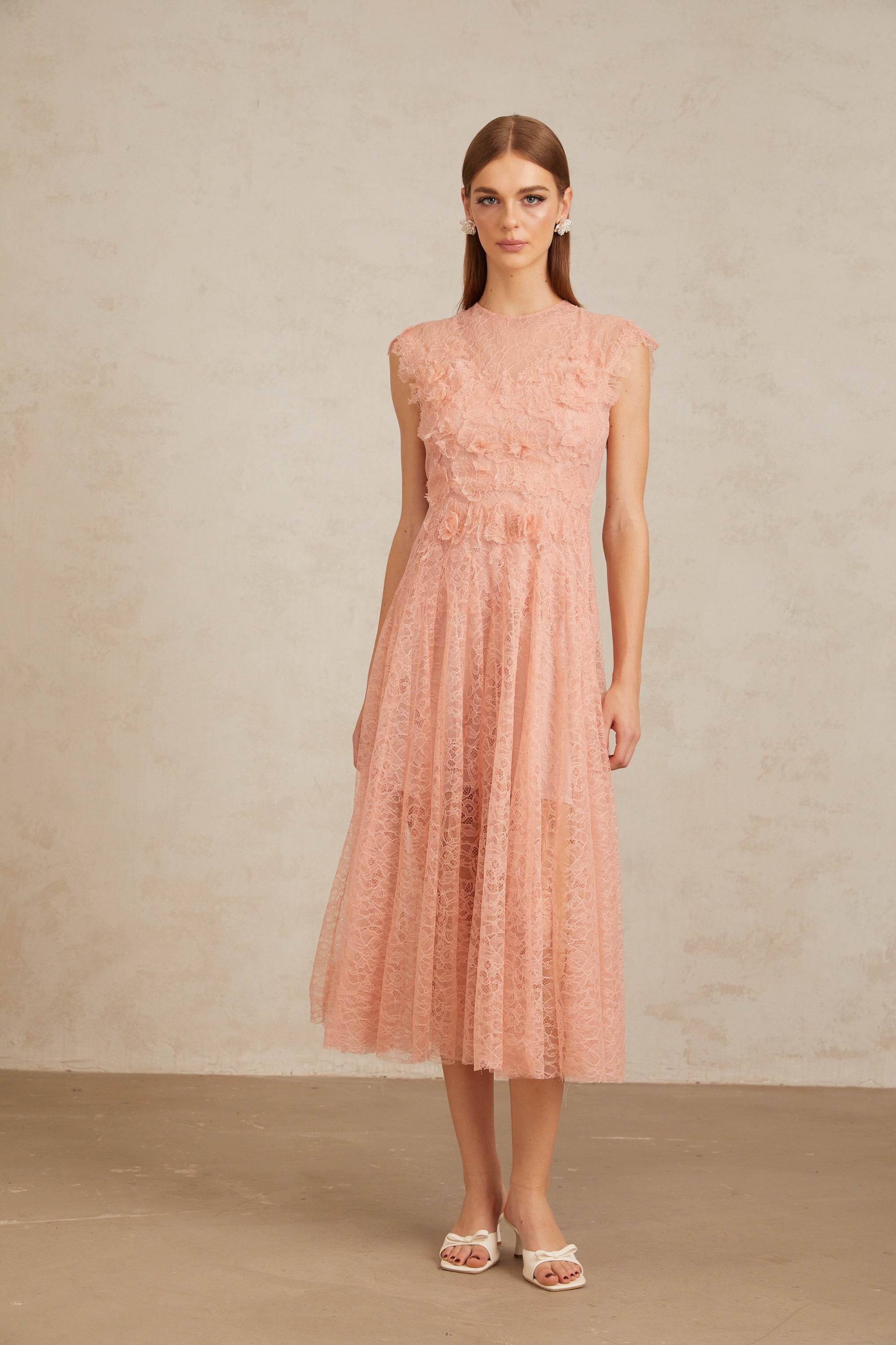Aila Pink Shirred Guipure Lace Midi Dress (Final Sale-US Only)