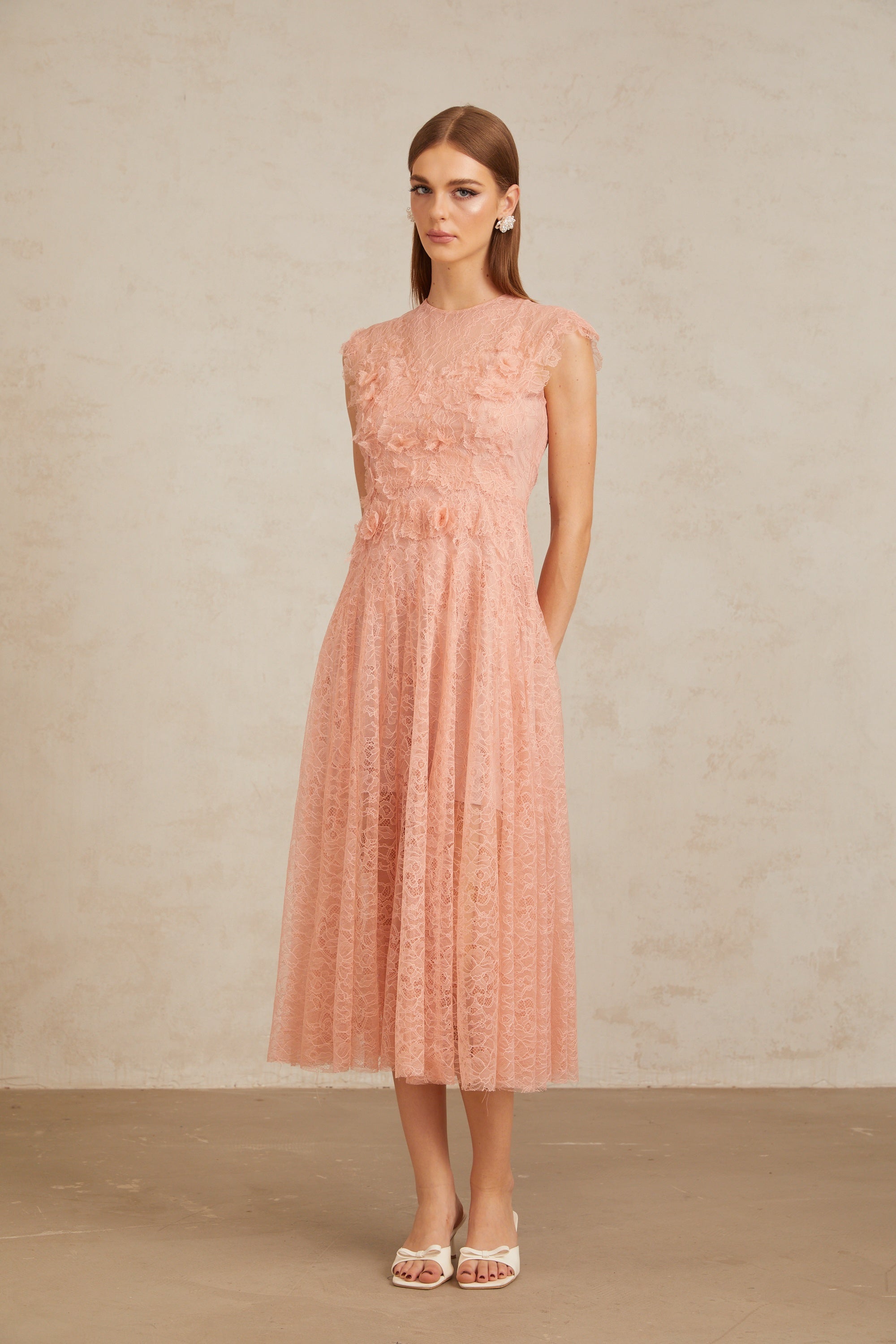 Aila Pink Shirred Guipure Lace Midi Dress (Final Sale-US Only)
