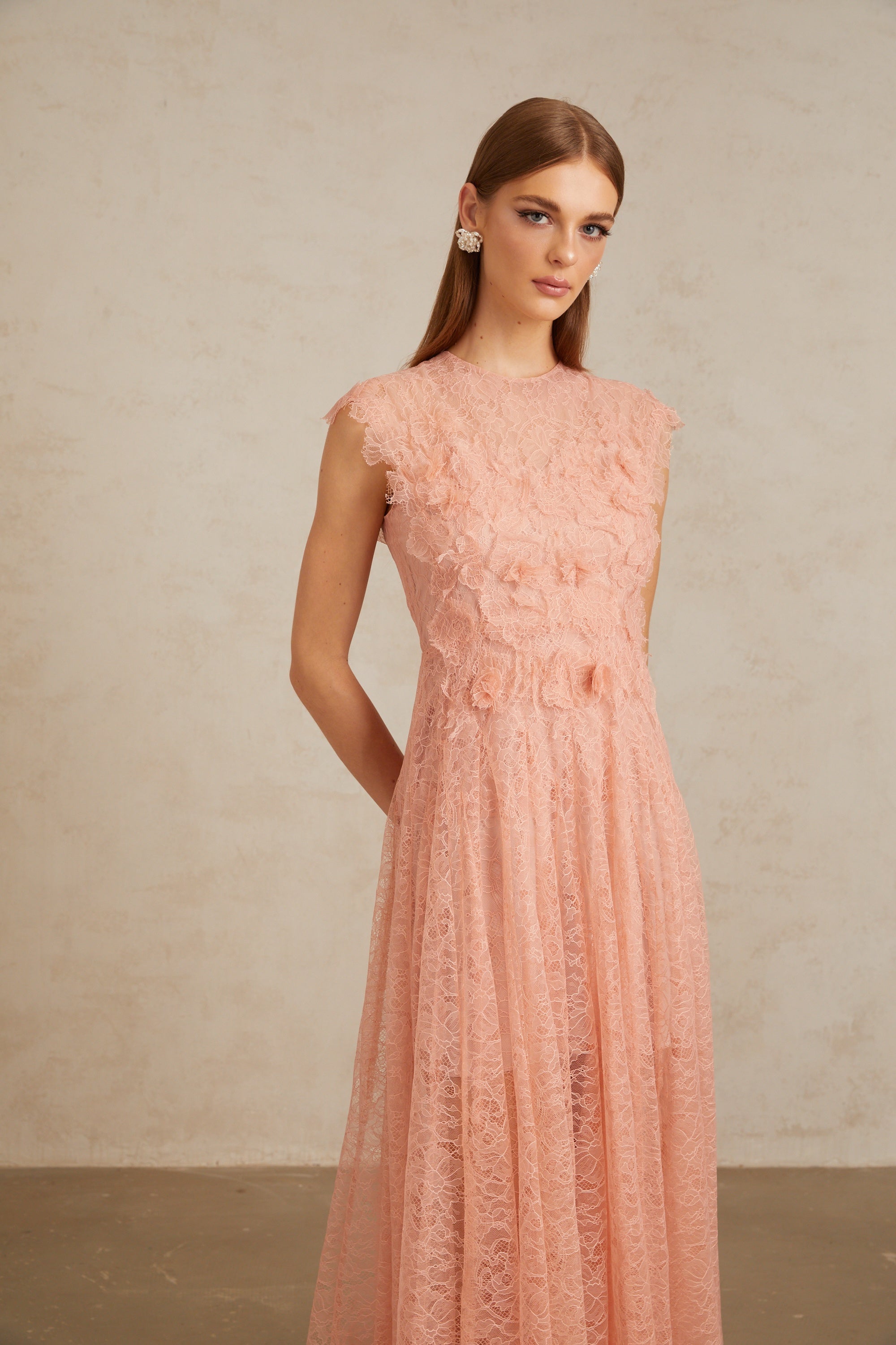 Aila Pink Shirred Guipure Lace Midi Dress (Final Sale-US Only)