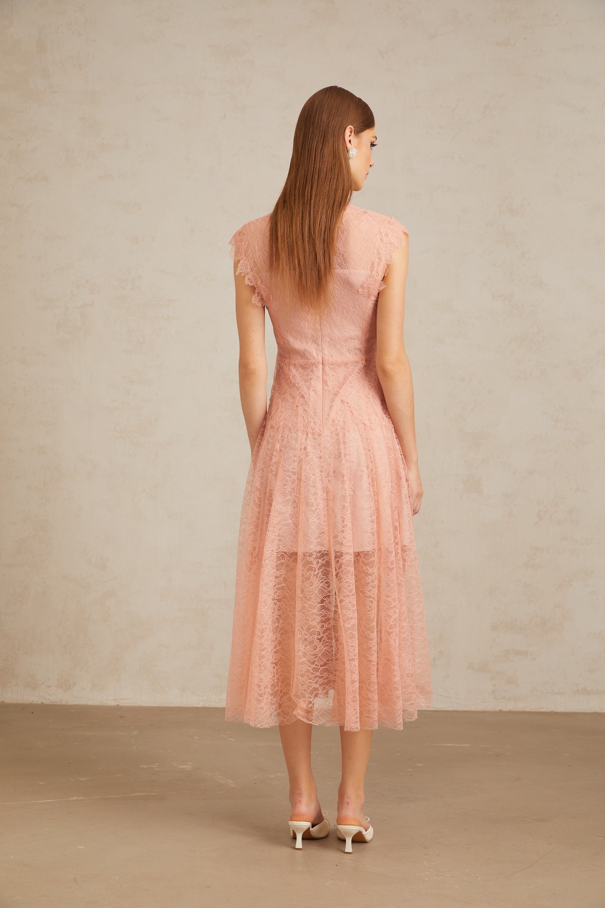 Aila Pink Shirred Guipure Lace Midi Dress (Final Sale-US Only)