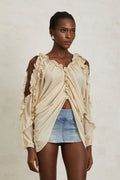 Priscille Neutral Ruffled Trim Chiffon Blouse (Final Sale-US Only)