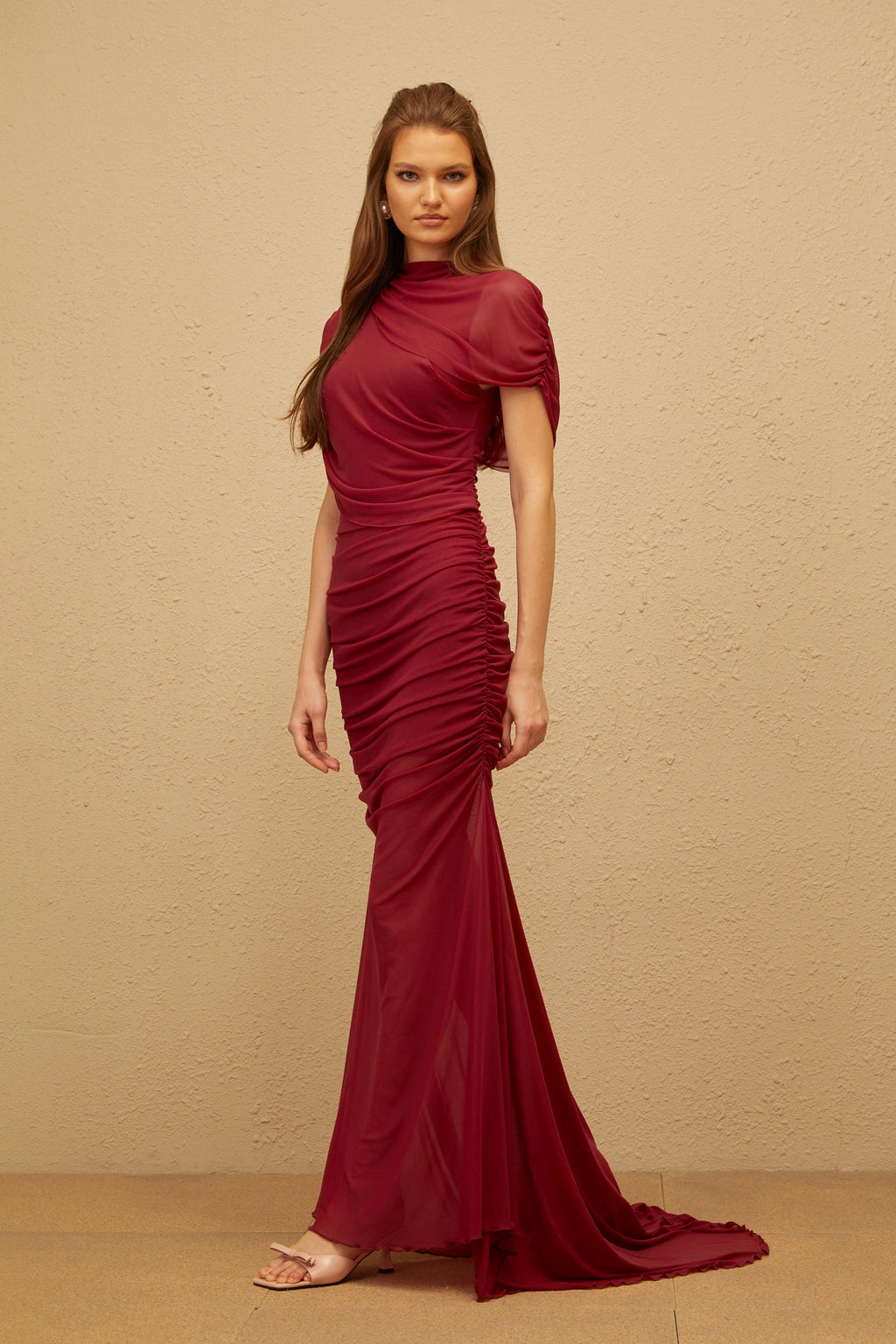 Sylphe Red Asymmetrical Ruched Mesh Maxi Dress (Final Sale-US Only)