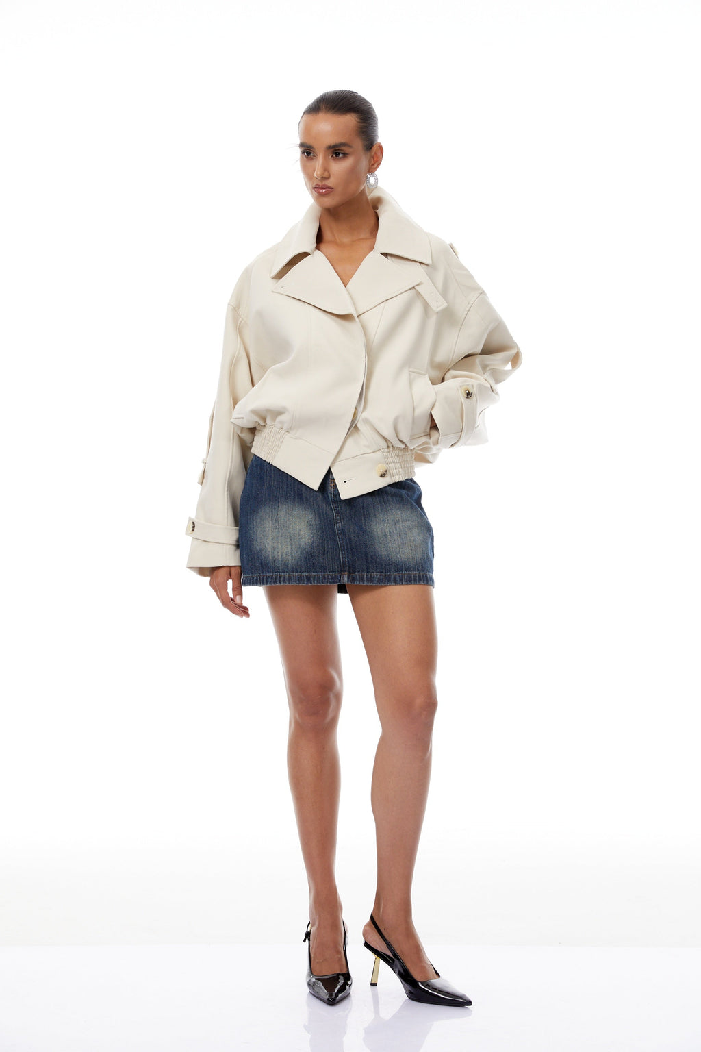 Panna Neutral Smocked Hem Biker Jacket (Final Sale-US Only)