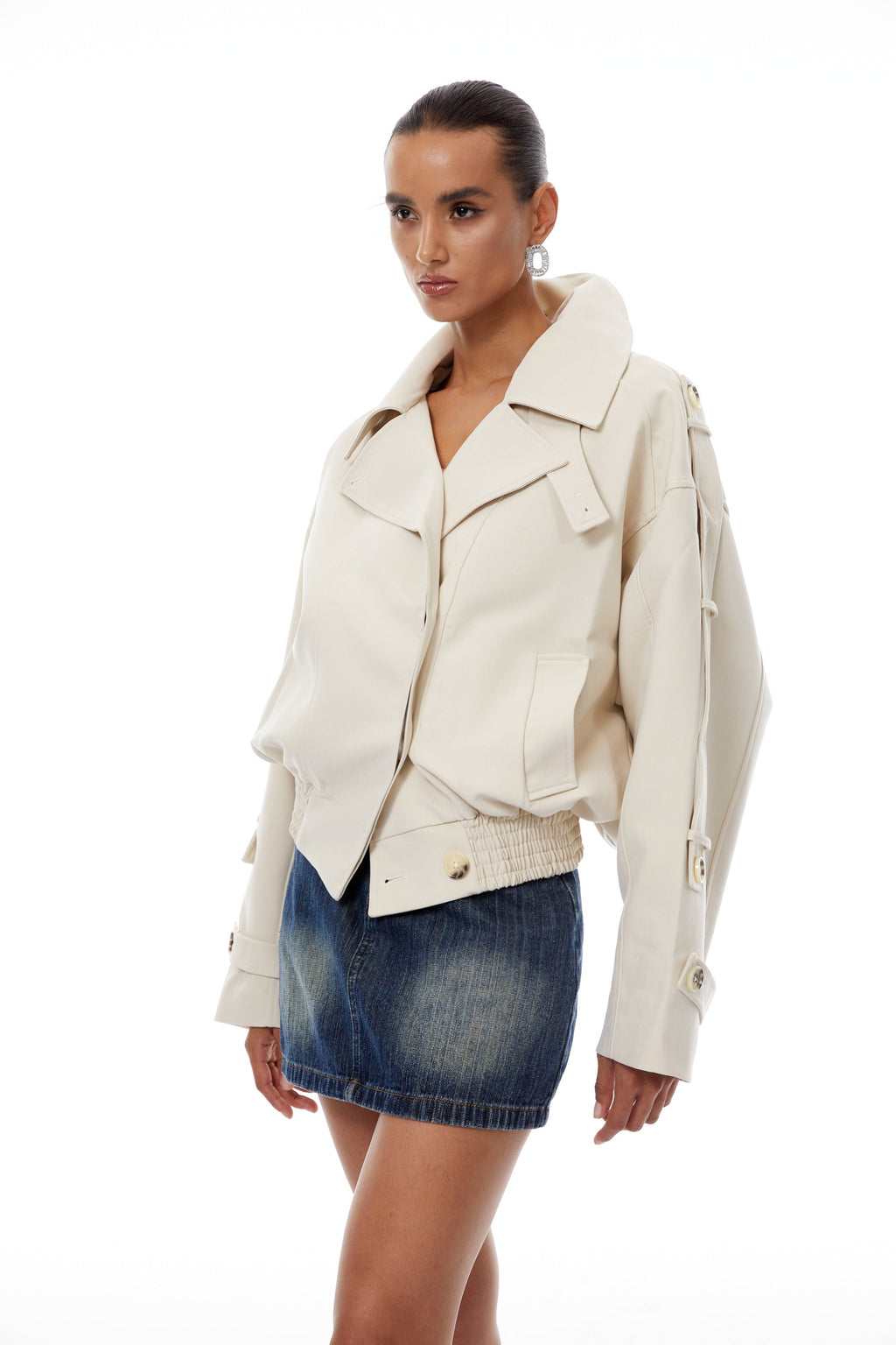 Panna Neutral Smocked Hem Biker Jacket (Final Sale-US Only)