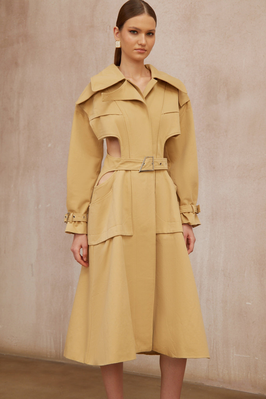 Pilar Neutral Cut Out Belted Long Trench Coat (Final Sale-US Only)