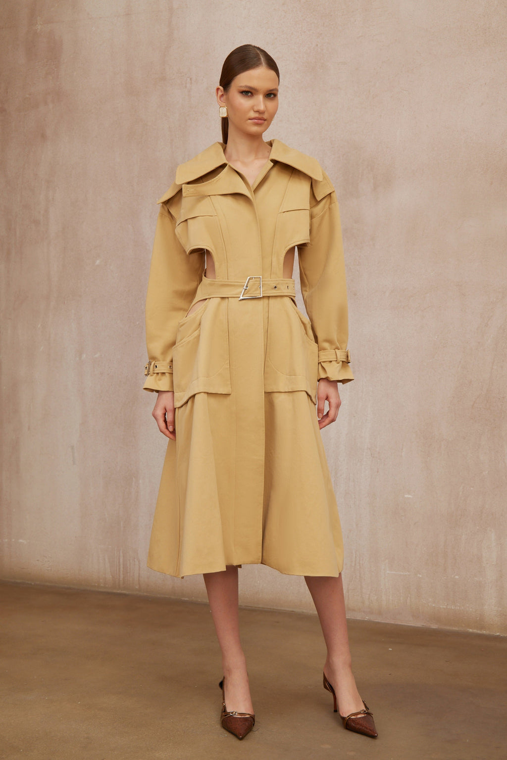 Pilar Neutral Cut Out Belted Long Trench Coat (Final Sale-US Only)
