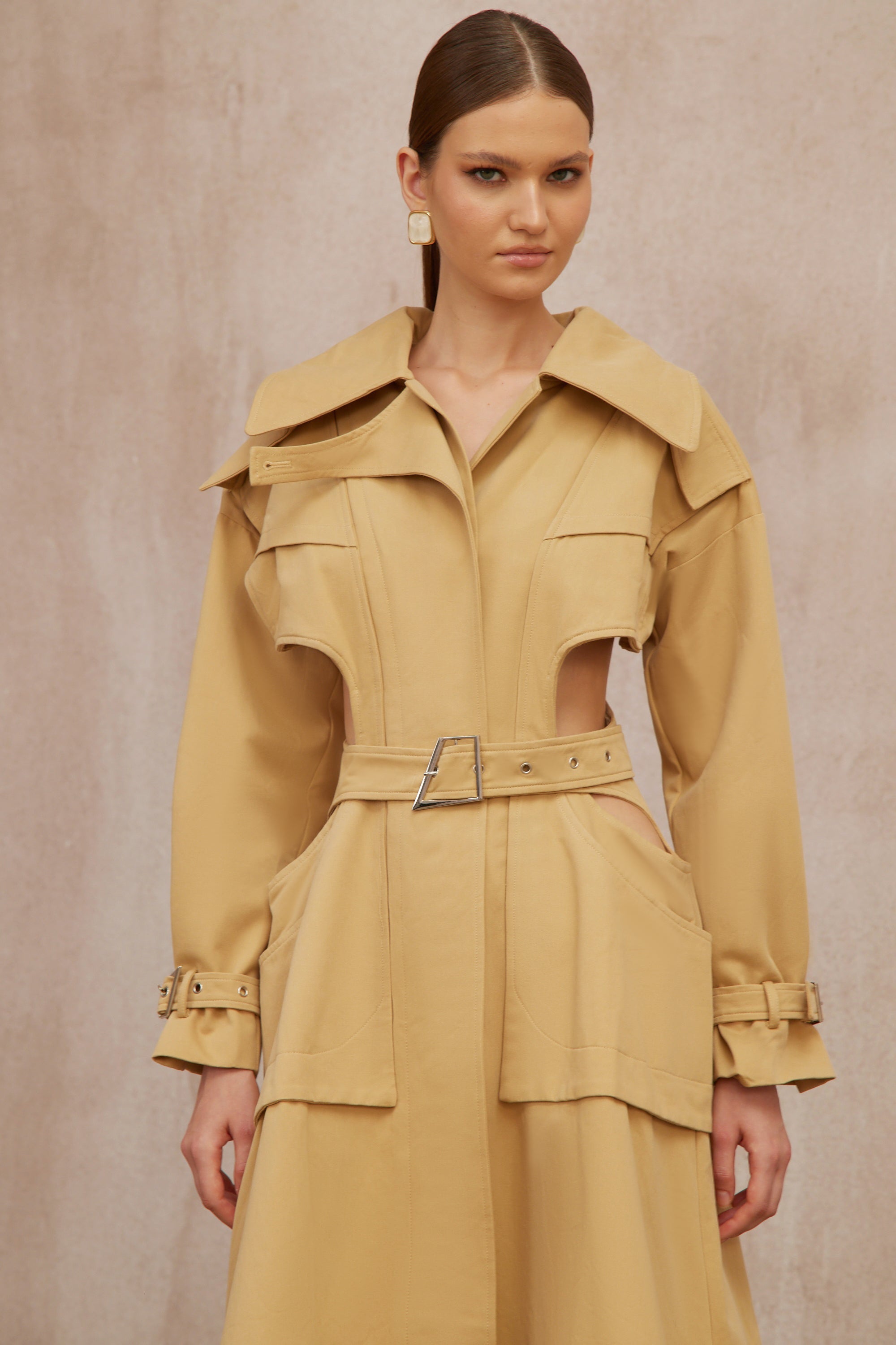 Pilar Neutral Cut Out Belted Long Trench Coat (Final Sale-US Only)