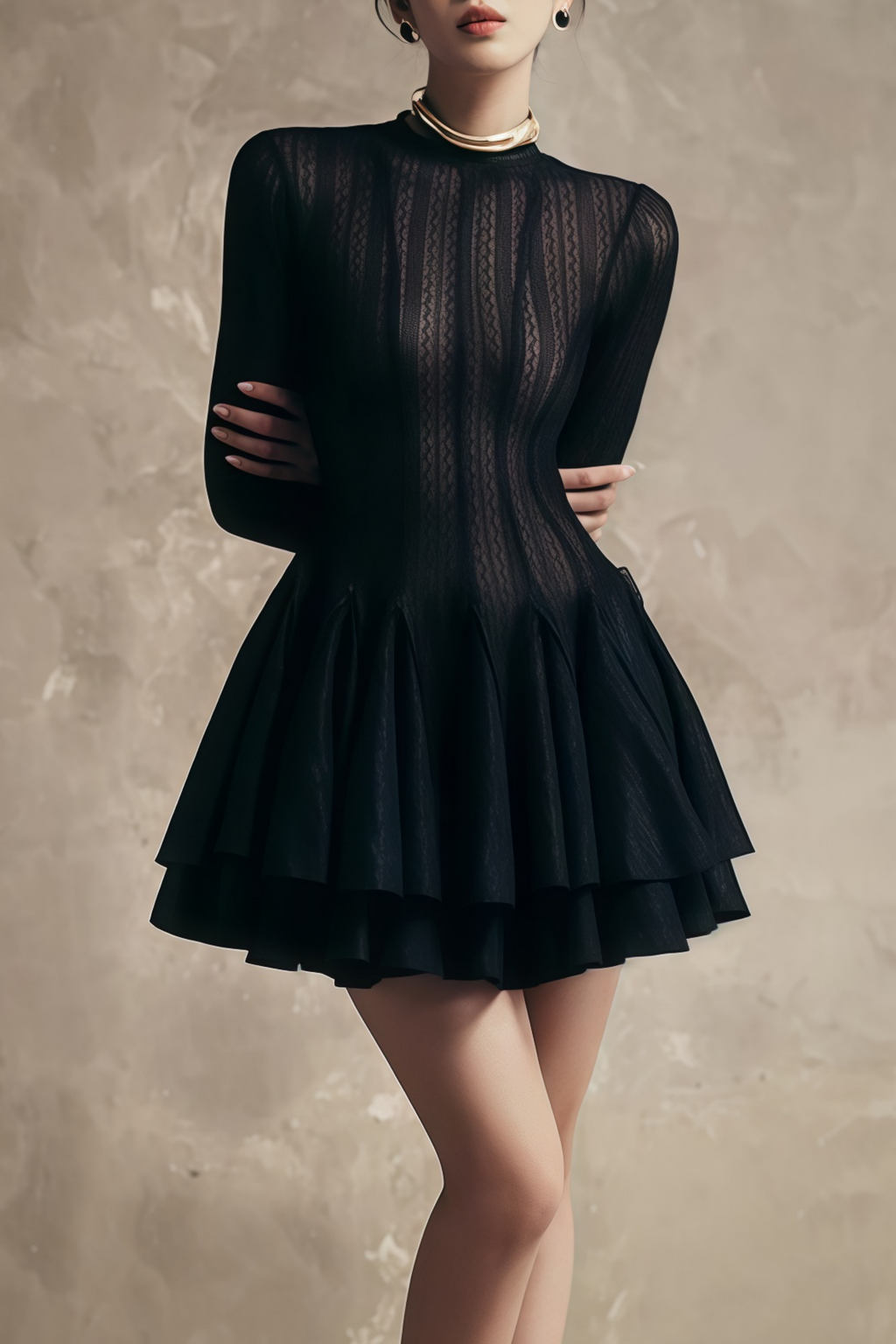 Vestido mini negro en capas con diseño abullonado de la marca MRNewyork, muestra un estilo elegante y moderno.