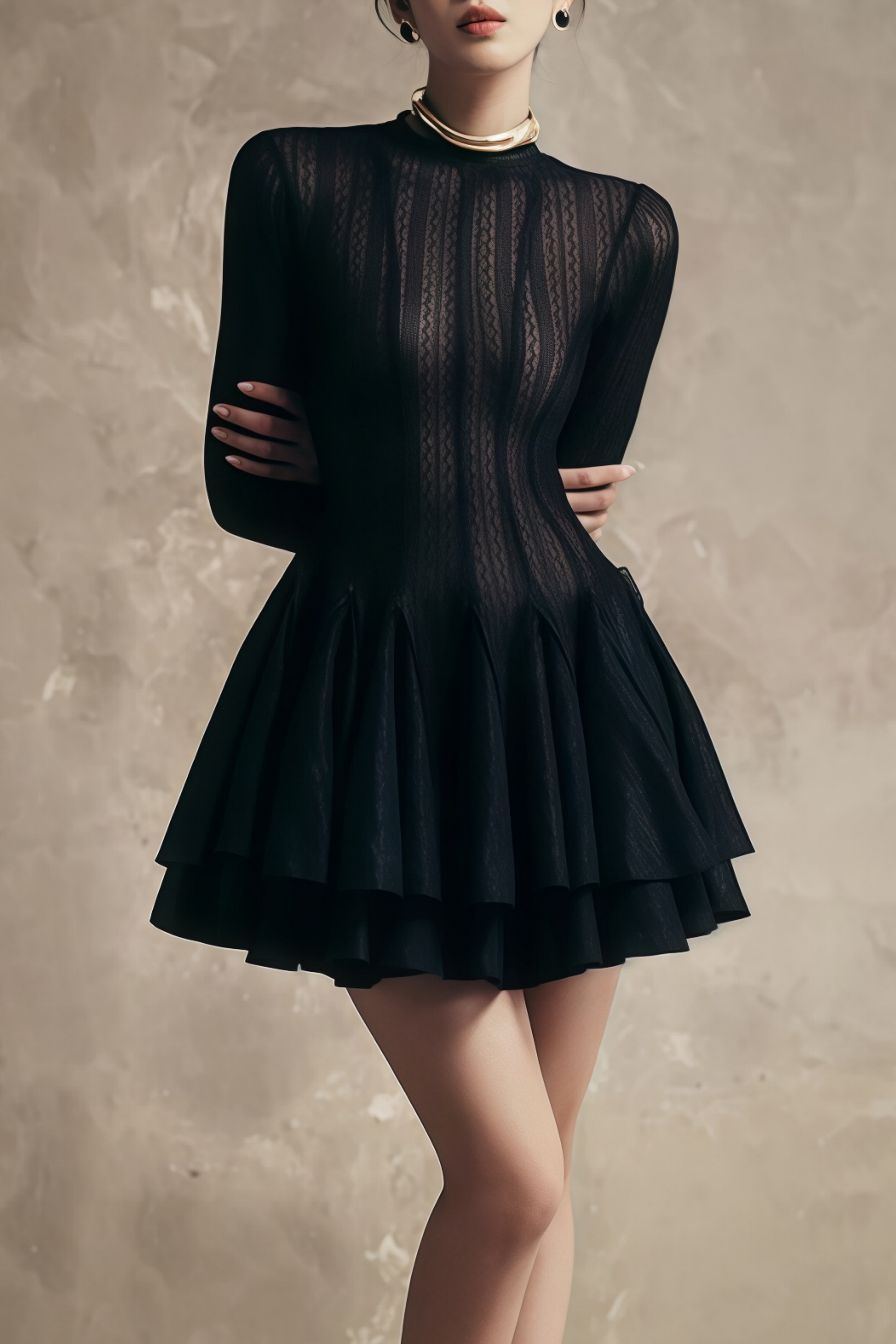 Vestido mini negro en capas con diseño abullonado de la marca MRNewyork, muestra un estilo elegante y moderno.