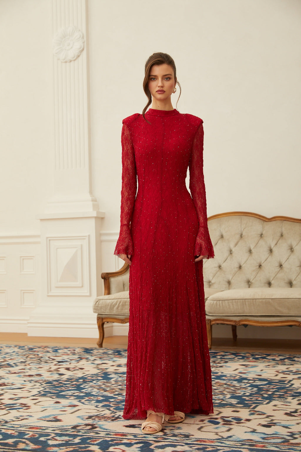 Justyna Red Rhinestone Guipure Lace Maxi Dress  (Final Sale-US Only)