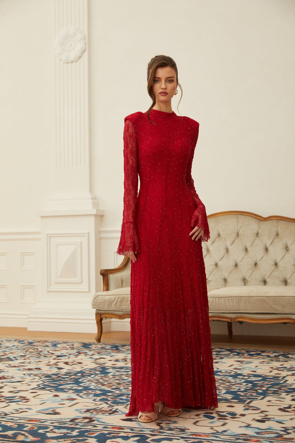 Justyna Red Rhinestone Guipure Lace Maxi Dress  (Final Sale-US Only)