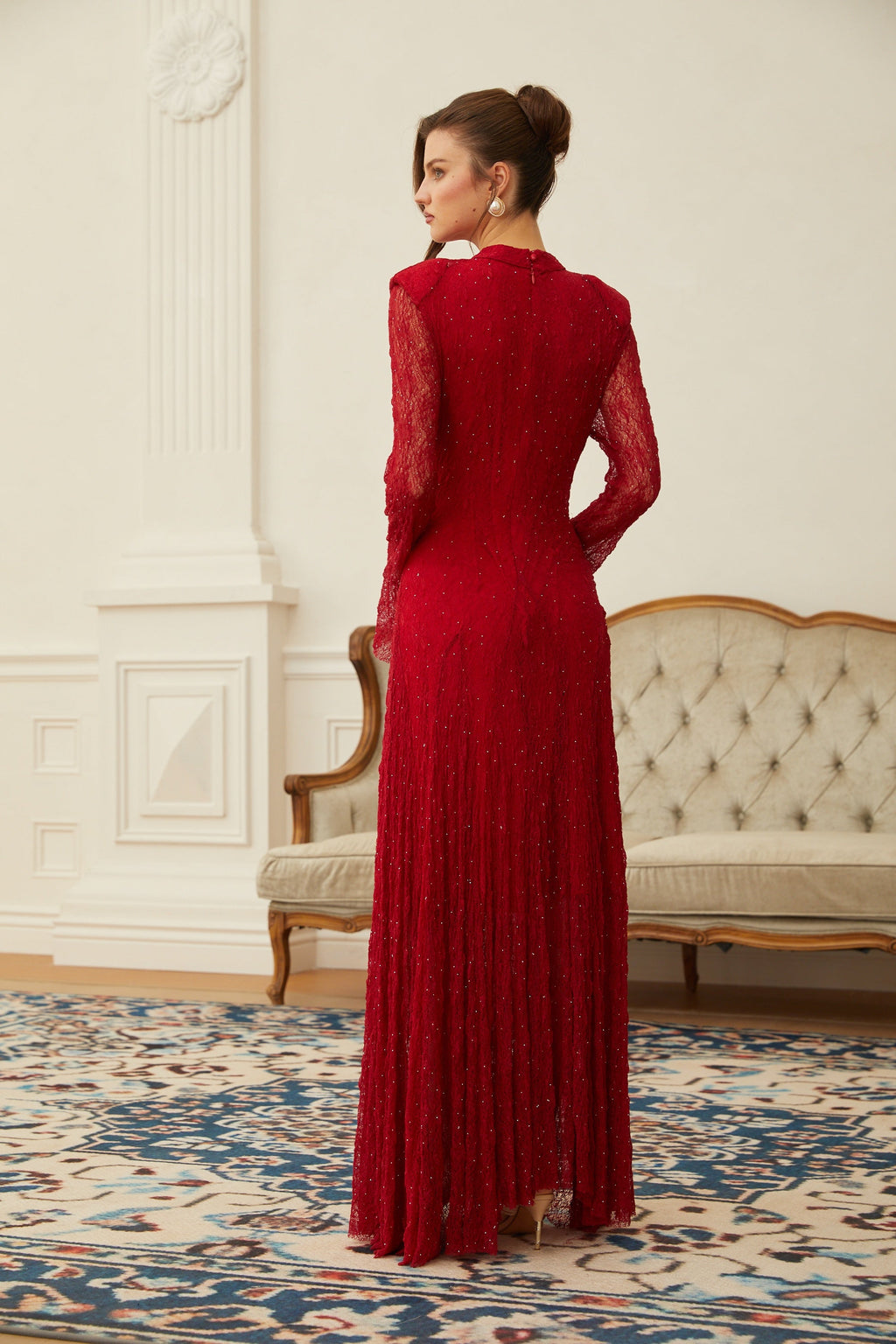 Justyna Red Rhinestone Guipure Lace Maxi Dress  (Final Sale-US Only)